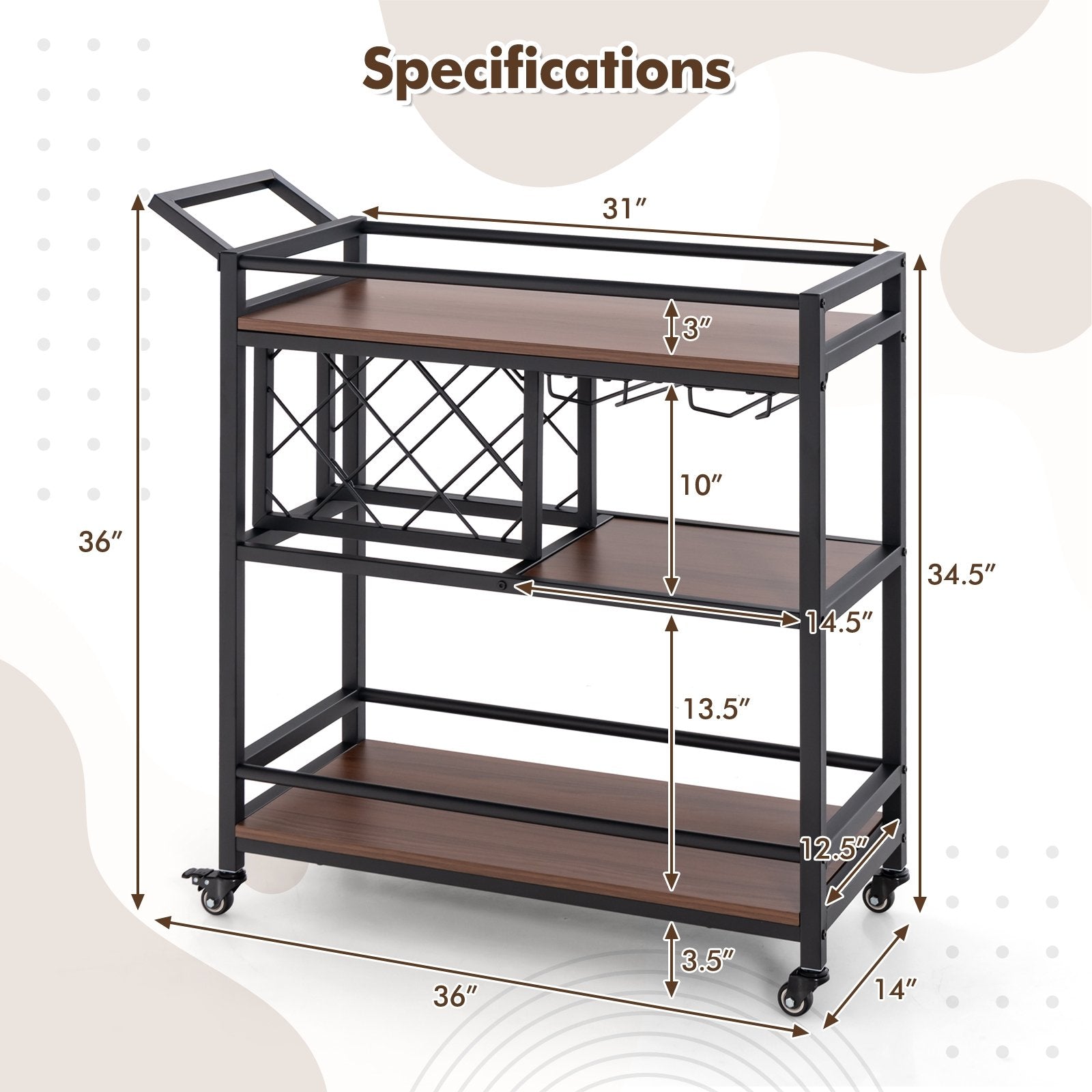 3-tier Bar Cart on Wheels Home Kitchen Serving Cart with Wine Rack and Glasses Holder, Brown Kitchen Islands & Carts   at Gallery Canada