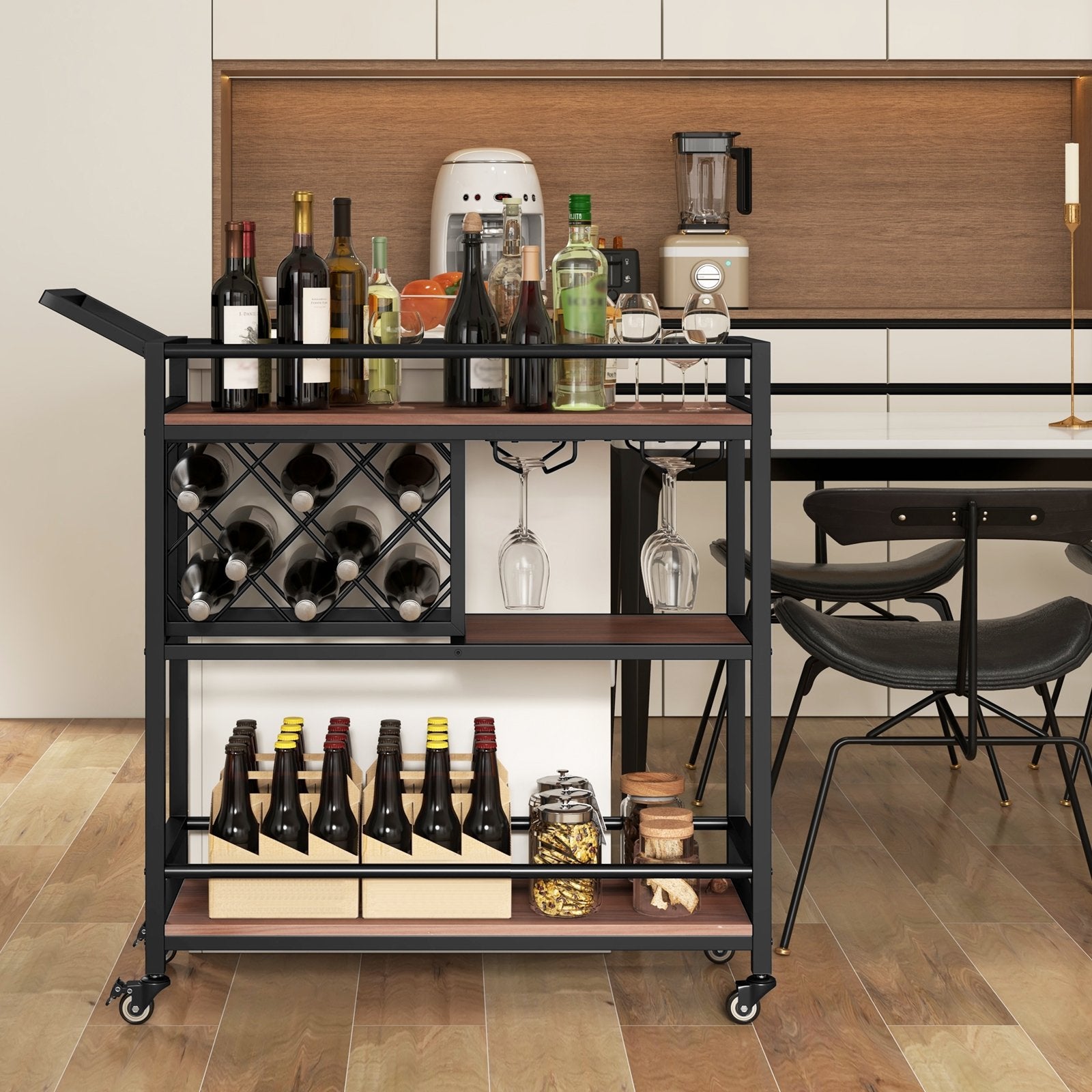 3-tier Bar Cart on Wheels Home Kitchen Serving Cart with Wine Rack and Glasses Holder, Brown Kitchen Islands & Carts   at Gallery Canada