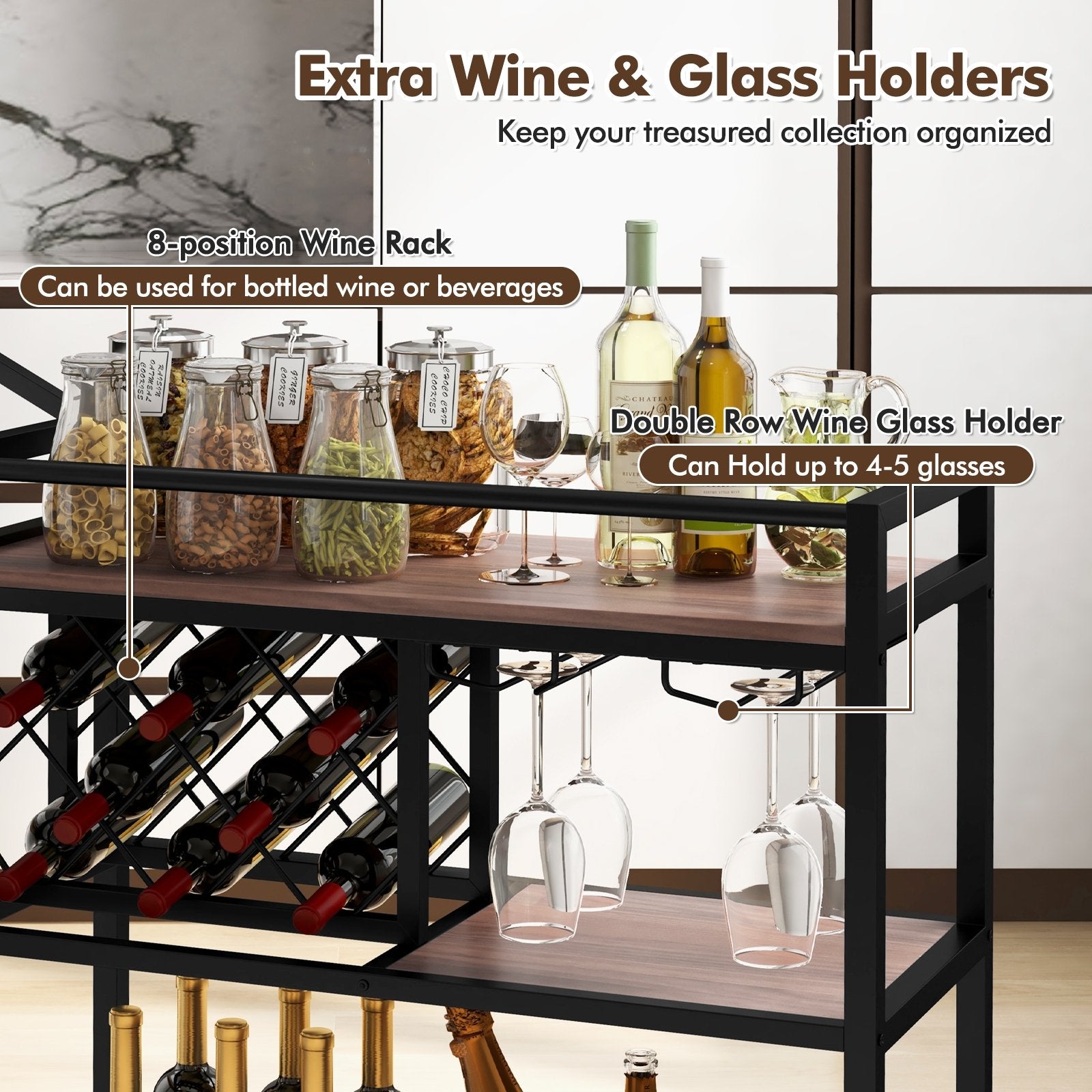 3-tier Bar Cart on Wheels Home Kitchen Serving Cart with Wine Rack and Glasses Holder, Brown Kitchen Islands & Carts   at Gallery Canada