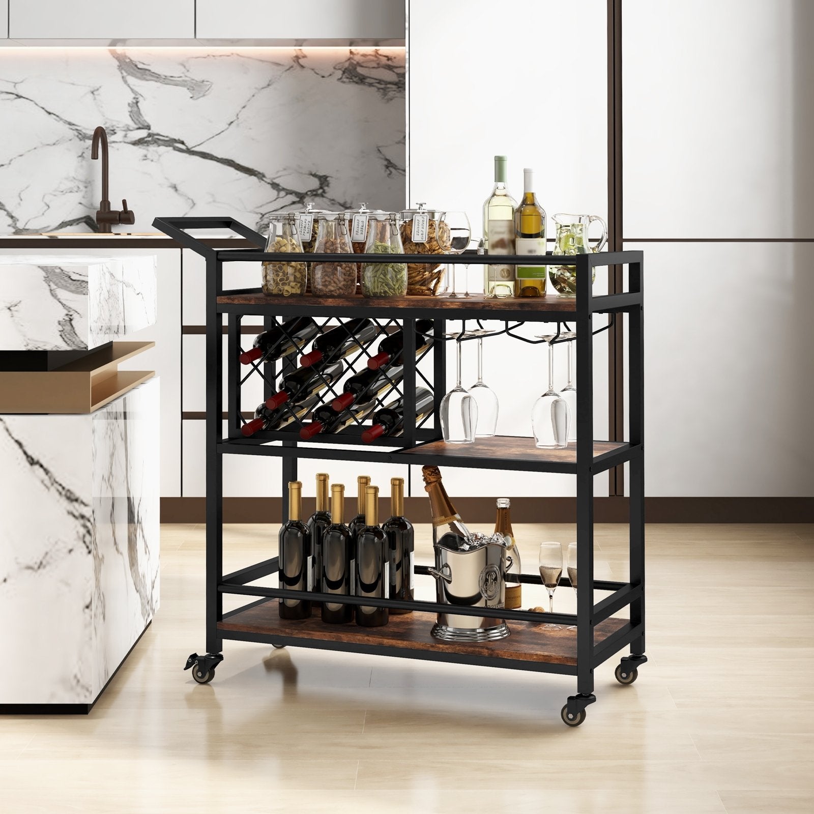 3-tier Bar Cart on Wheels Home Kitchen Serving Cart with Wine Rack and Glasses Holder, Rustic Brown Kitchen Islands & Carts   at Gallery Canada