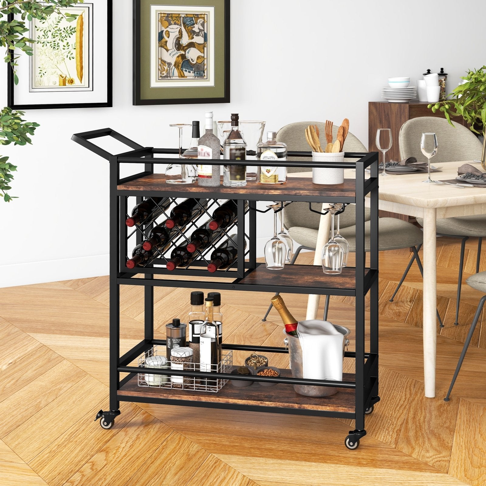 3-tier Bar Cart on Wheels Home Kitchen Serving Cart with Wine Rack and Glasses Holder, Rustic Brown Kitchen Islands & Carts   at Gallery Canada