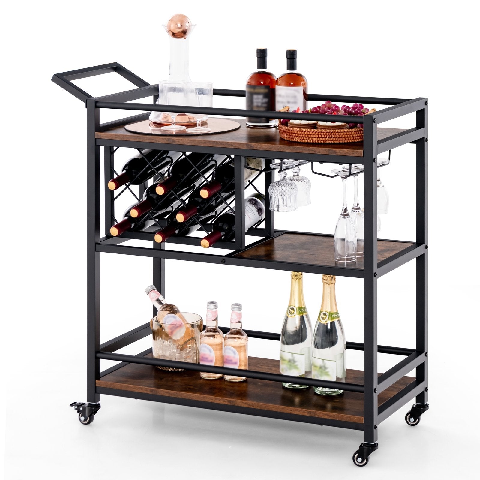 3-tier Bar Cart on Wheels Home Kitchen Serving Cart with Wine Rack and Glasses Holder, Rustic Brown Kitchen Islands & Carts   at Gallery Canada