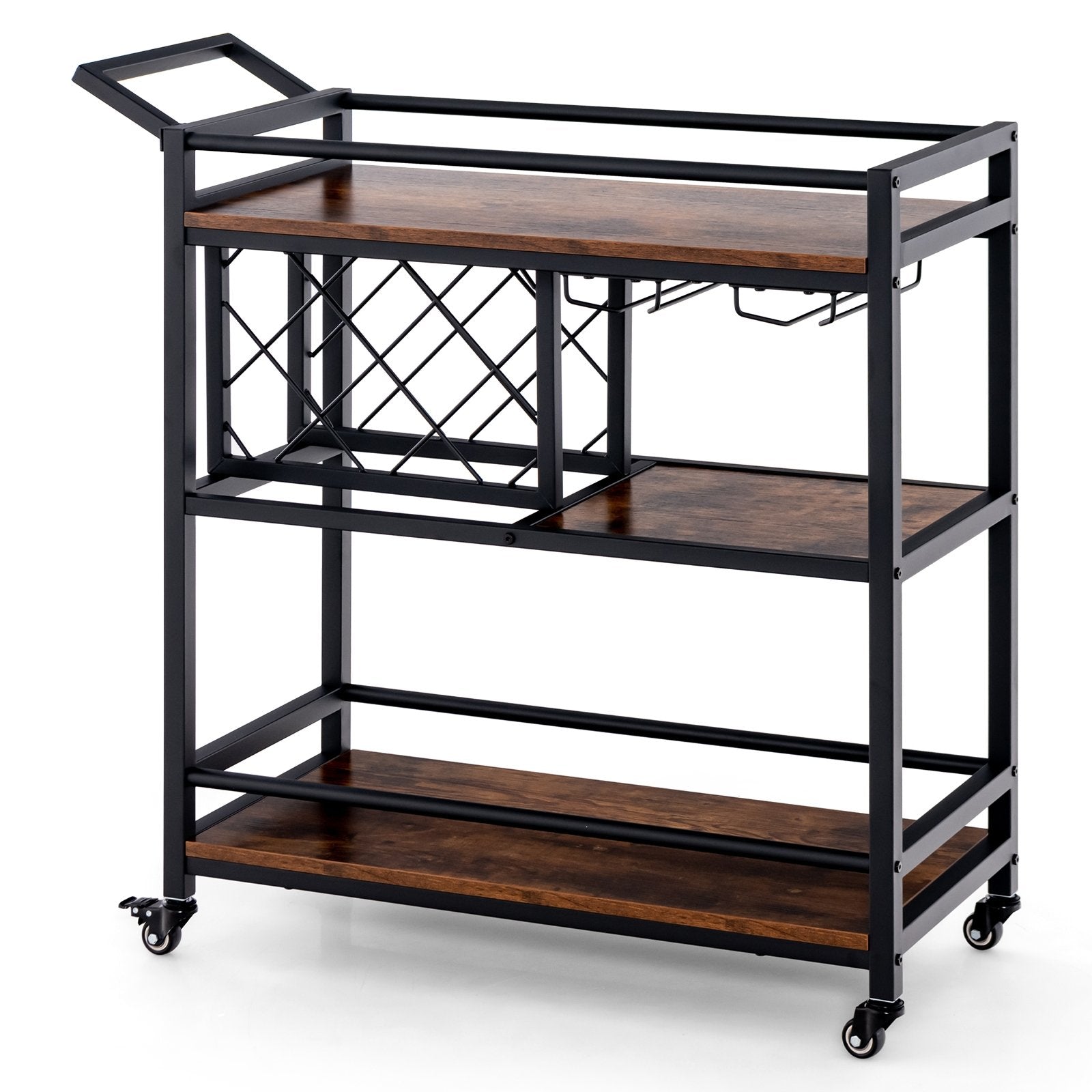 3-tier Bar Cart on Wheels Home Kitchen Serving Cart with Wine Rack and Glasses Holder, Rustic Brown Kitchen Islands & Carts   at Gallery Canada