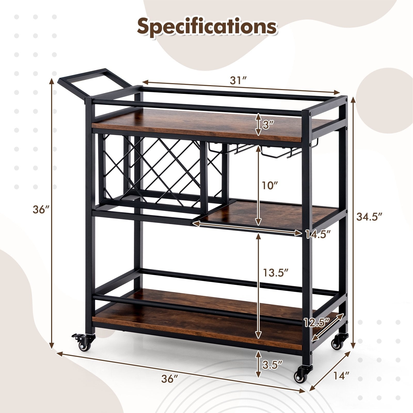 3-tier Bar Cart on Wheels Home Kitchen Serving Cart with Wine Rack and Glasses Holder, Rustic Brown Kitchen Islands & Carts   at Gallery Canada