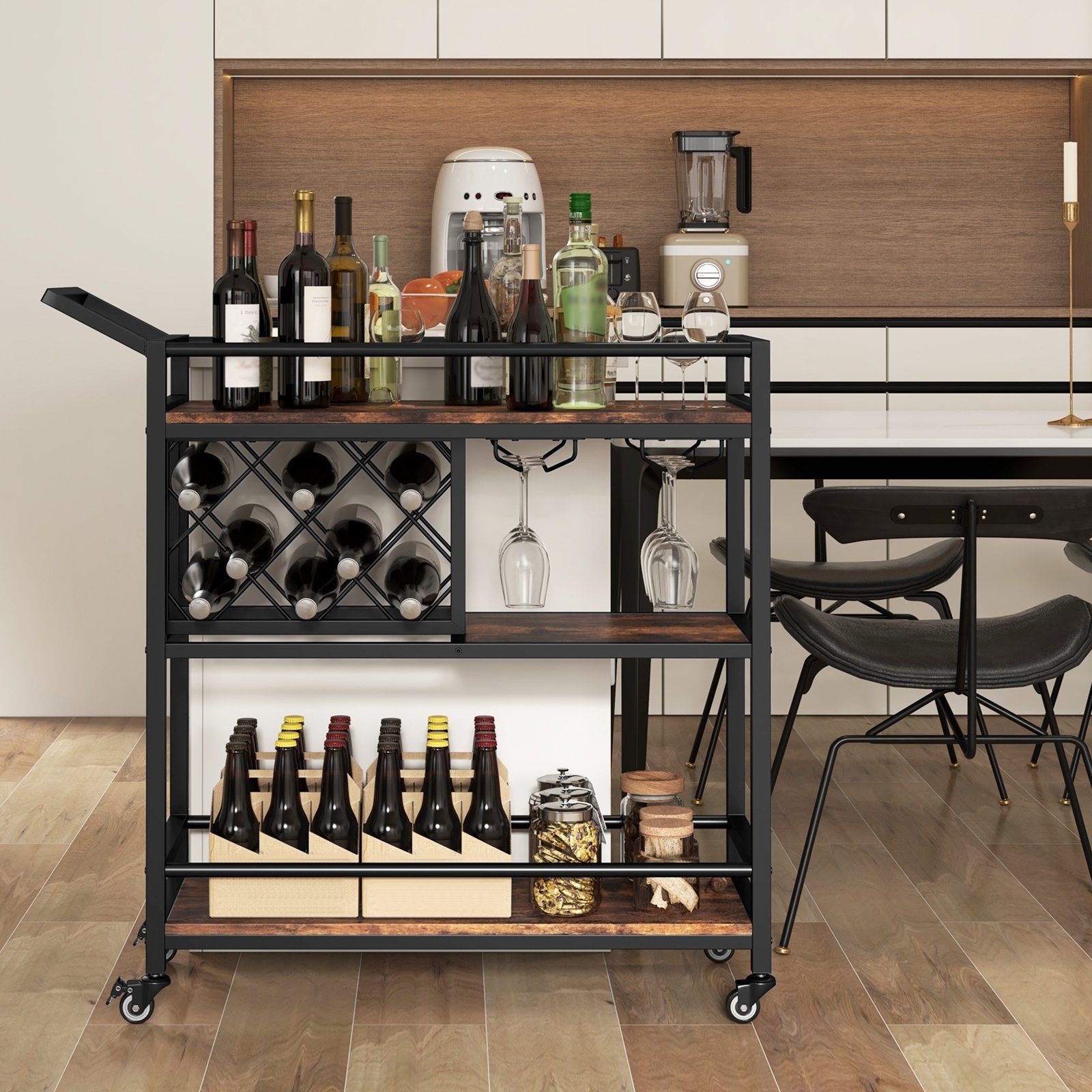 3-tier Bar Cart on Wheels Home Kitchen Serving Cart with Wine Rack and Glasses Holder, Rustic Brown Kitchen Islands & Carts   at Gallery Canada