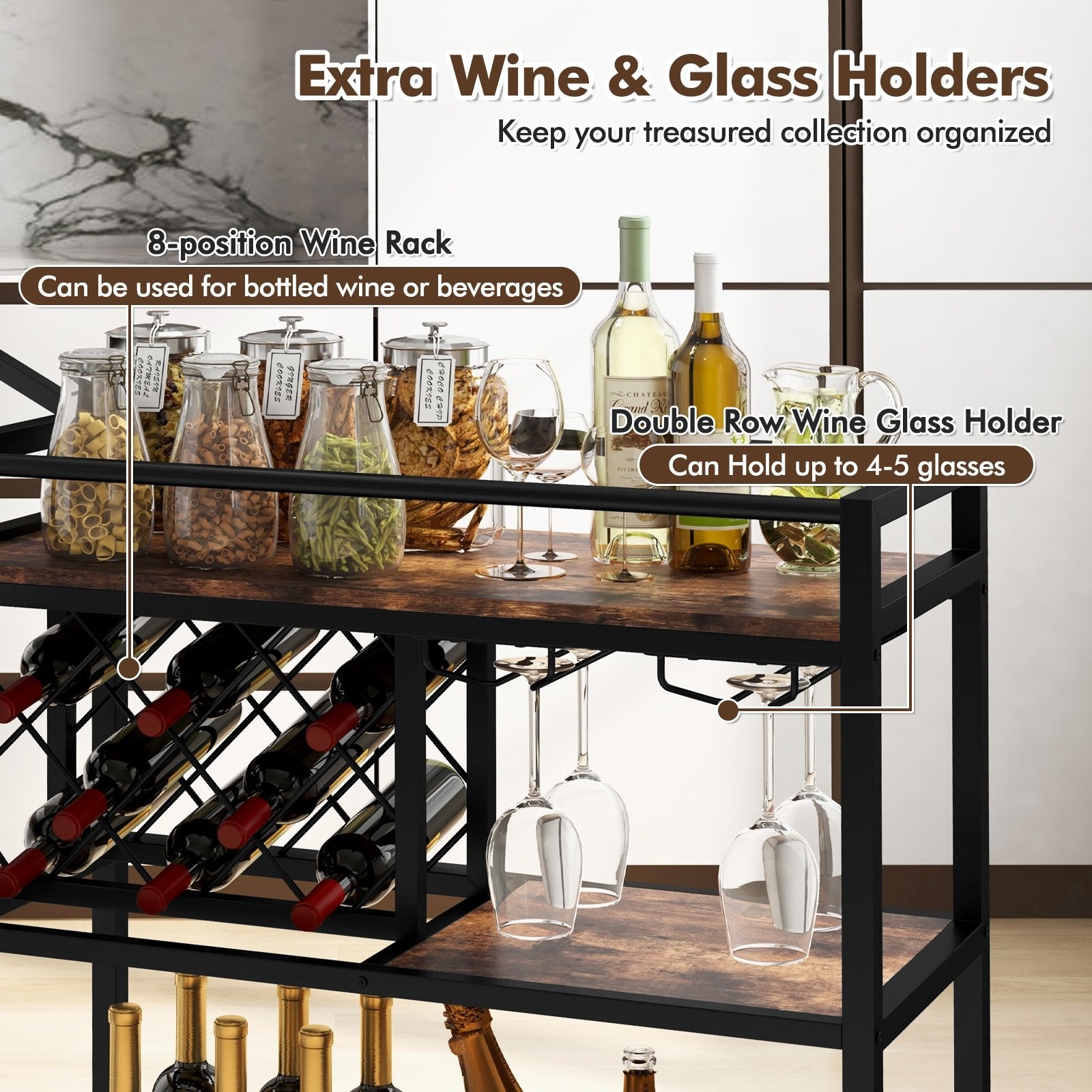 3-tier Bar Cart on Wheels Home Kitchen Serving Cart with Wine Rack and Glasses Holder, Rustic Brown Kitchen Islands & Carts   at Gallery Canada