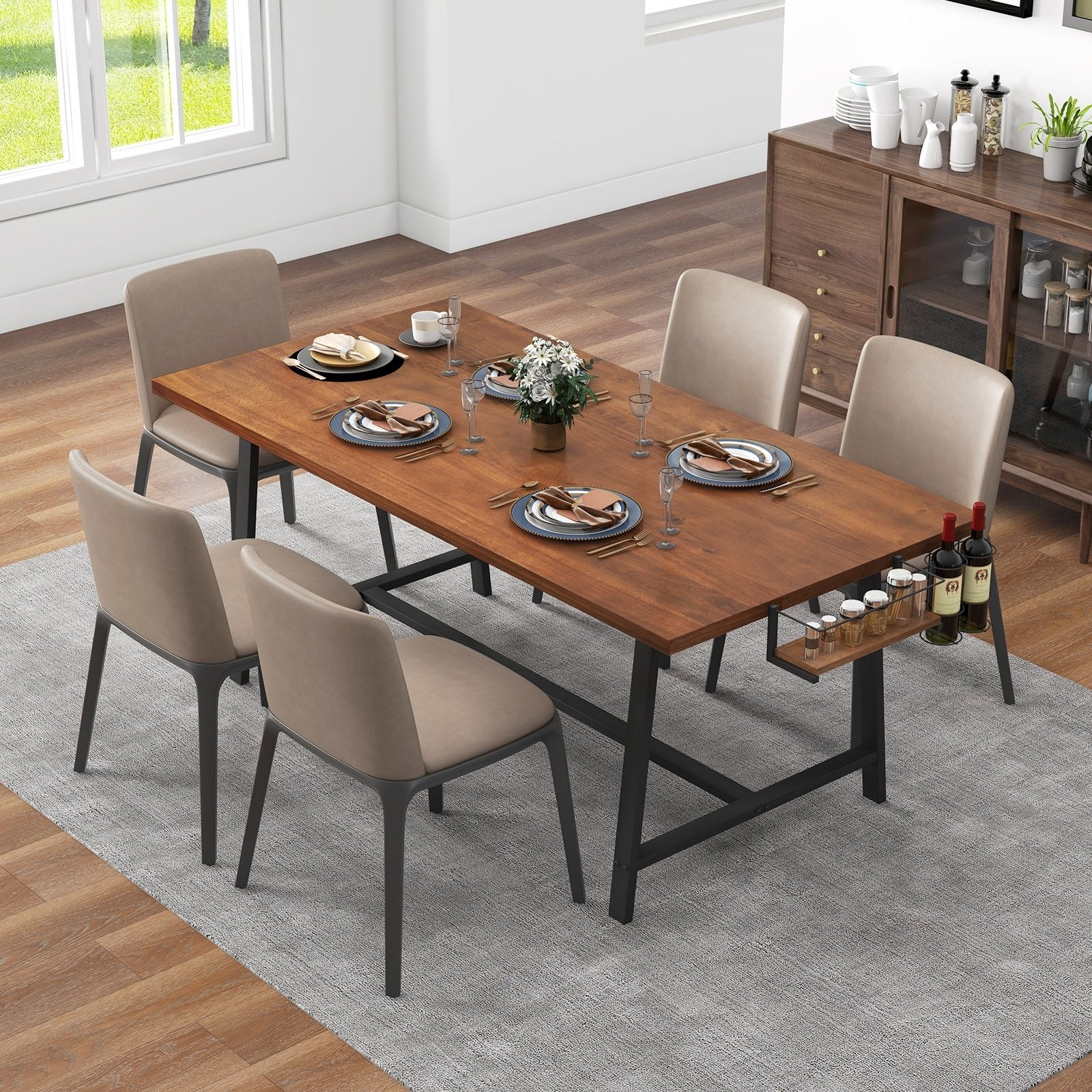 72 Inch Dining Table Rectangular Kitchen Table with 2-Bottle Wine Rack for 5-7, Walnut Dining Tables   at Gallery Canada