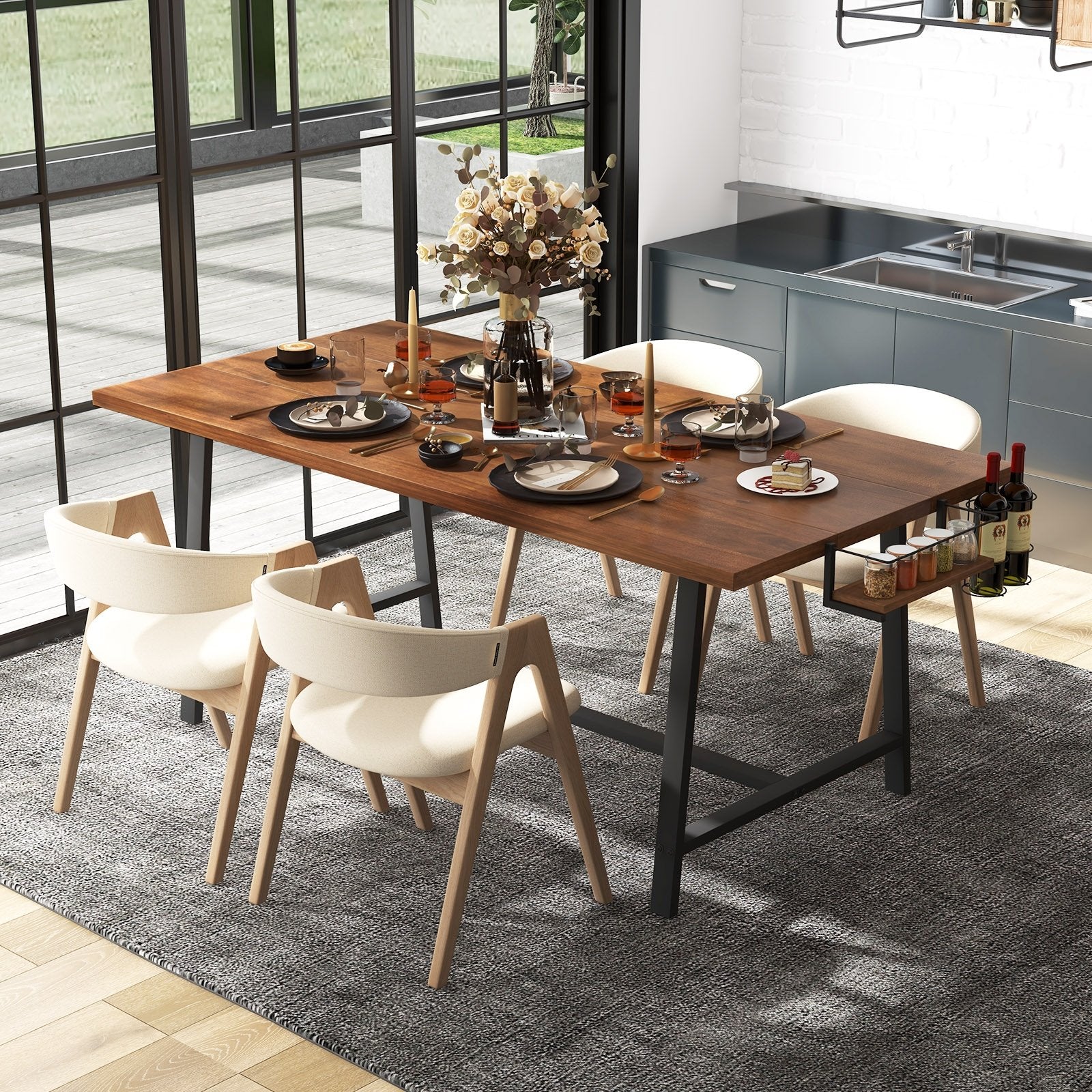 72 Inch Dining Table Rectangular Kitchen Table with 2-Bottle Wine Rack for 5-7, Walnut Dining Tables   at Gallery Canada