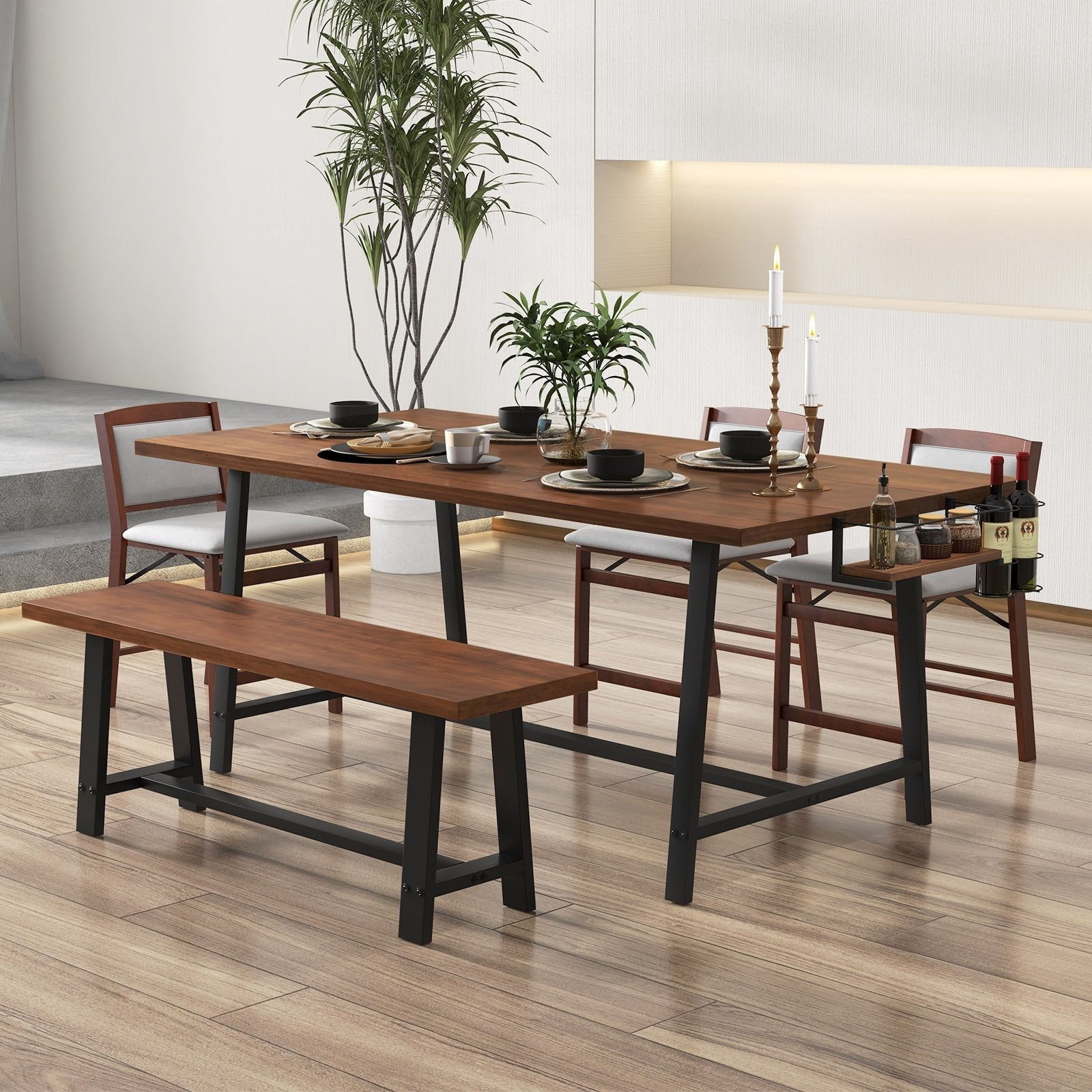 72 Inch Dining Table Rectangular Kitchen Table with 2-Bottle Wine Rack for 5-7, Walnut Dining Tables   at Gallery Canada