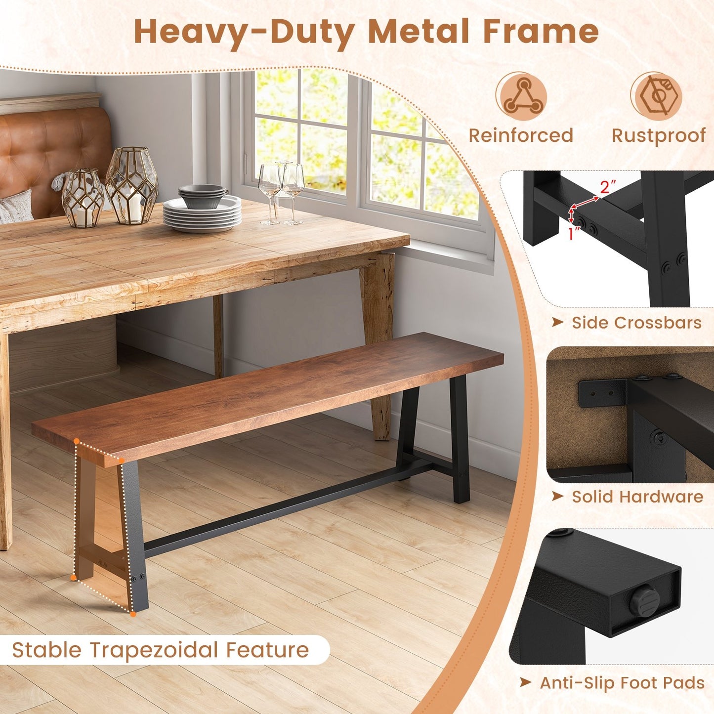 60 Inch Dining Bench 3 Person Entryway Shoe Bench with Metal Frame-60 inches, Walnut Dining Chairs   at Gallery Canada