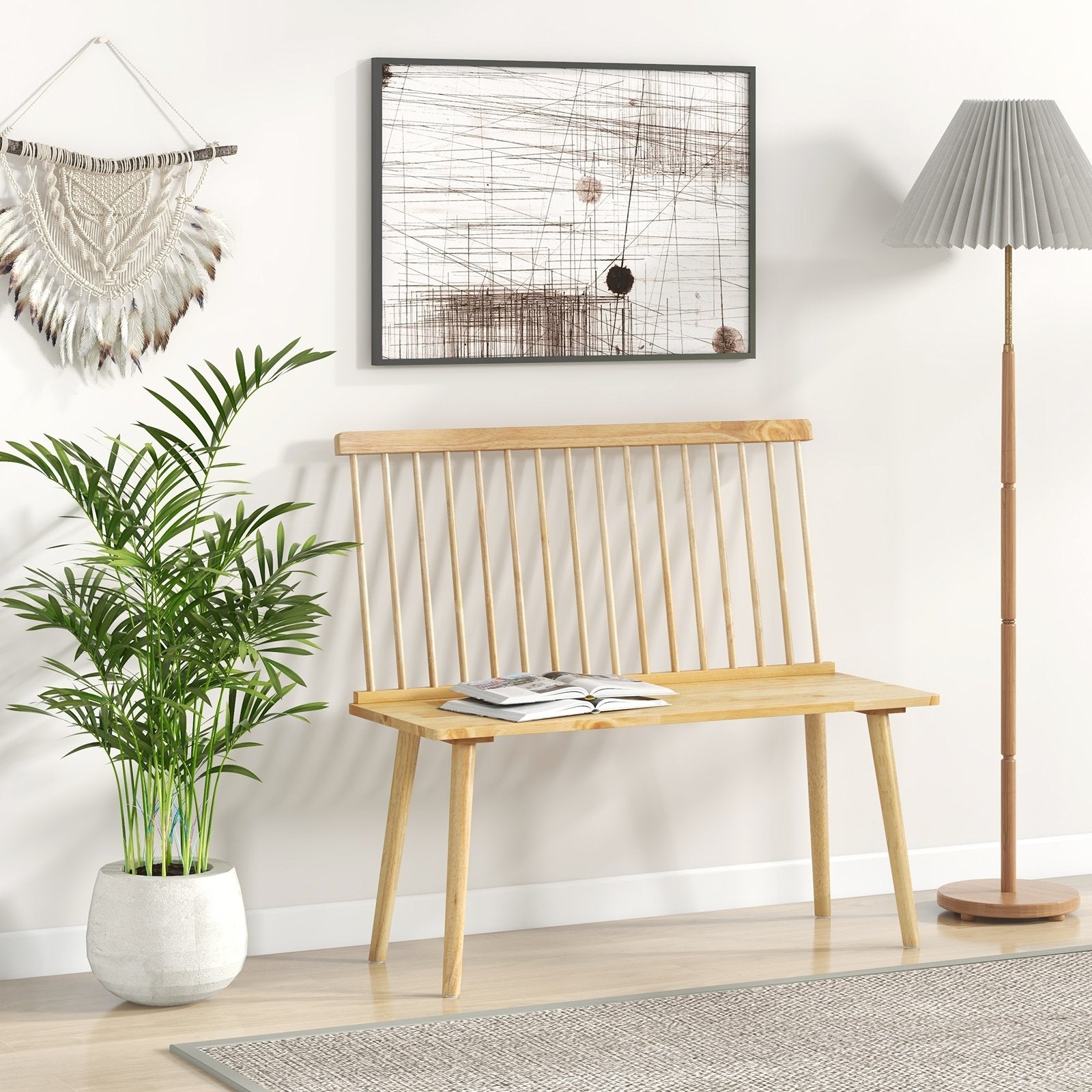 Entryway Bench for 2 with Spindle Back for Kitchen Dining Room Hallway, Natural Dining Chairs   at Gallery Canada