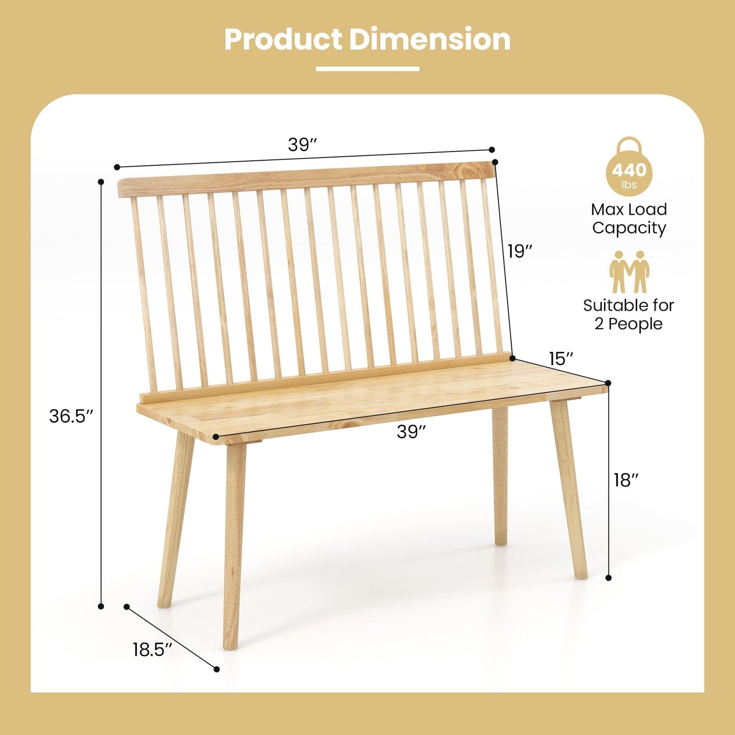 Entryway Bench for 2 with Spindle Back for Kitchen Dining Room Hallway, Natural Dining Chairs   at Gallery Canada