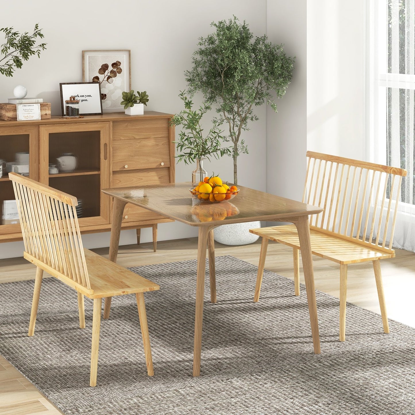 Entryway Bench for 2 with Spindle Back for Kitchen Dining Room Hallway, Natural Dining Chairs   at Gallery Canada