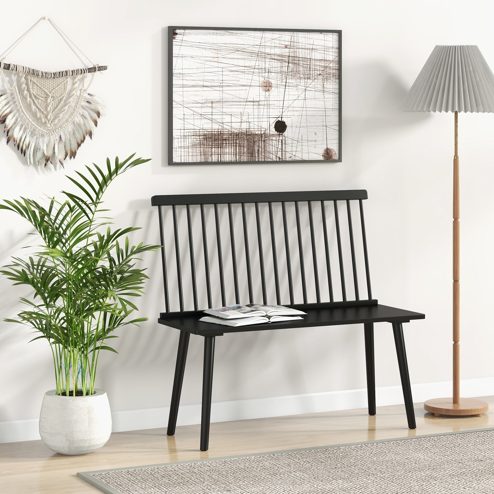 Entryway Bench for 2 with Spindle Back for Kitchen Dining Room Hallway, Black Dining Chairs   at Gallery Canada