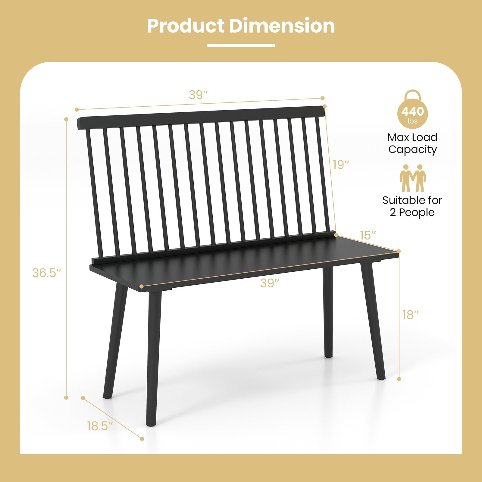 Entryway Bench for 2 with Spindle Back for Kitchen Dining Room Hallway, Black Dining Chairs   at Gallery Canada