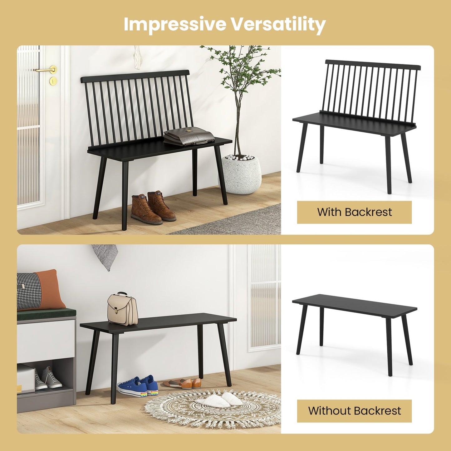 Entryway Bench for 2 with Spindle Back for Kitchen Dining Room Hallway, Black Dining Chairs   at Gallery Canada