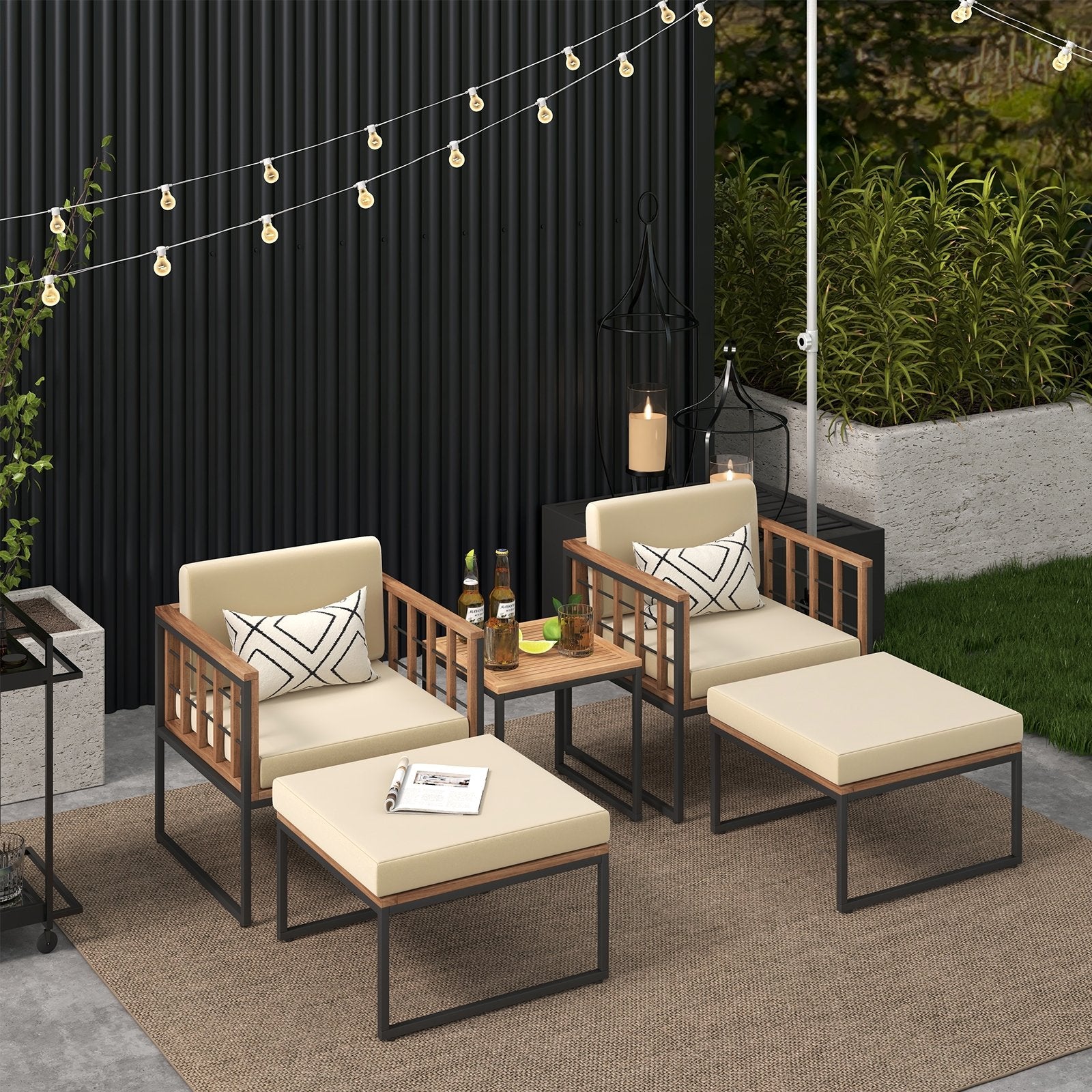 5 Piece Outdoor Furniture Set Acacia Wood Chair Set with Ottomans and Coffee Table, Beige Patio Conversation Sets   at Gallery Canada