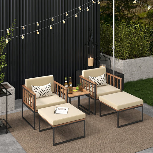 5 Piece Outdoor Furniture Set Acacia Wood Chair Set with Ottomans and Coffee Table, Beige