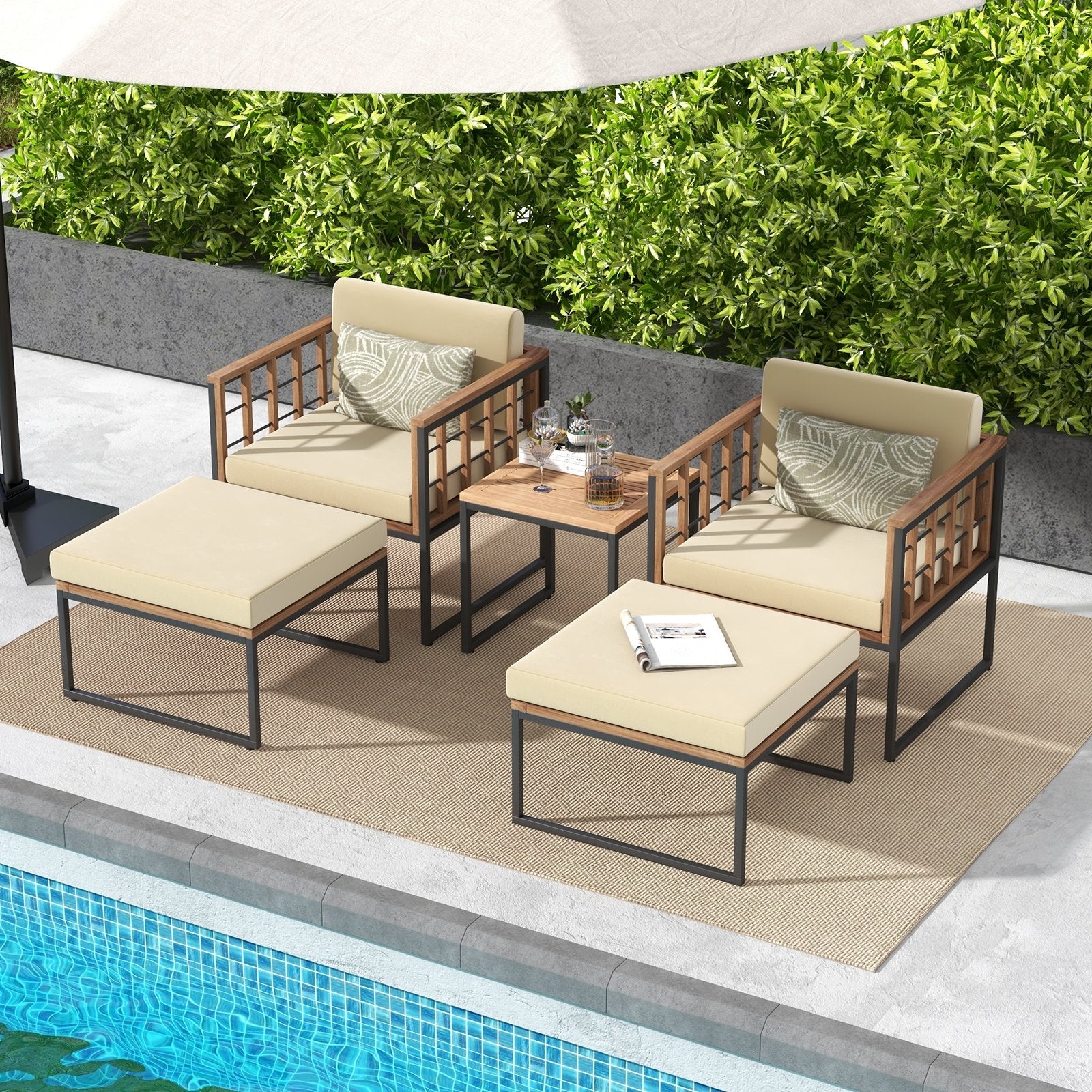 5 Piece Outdoor Furniture Set Acacia Wood Chair Set with Ottomans and Coffee Table, Beige Patio Conversation Sets   at Gallery Canada