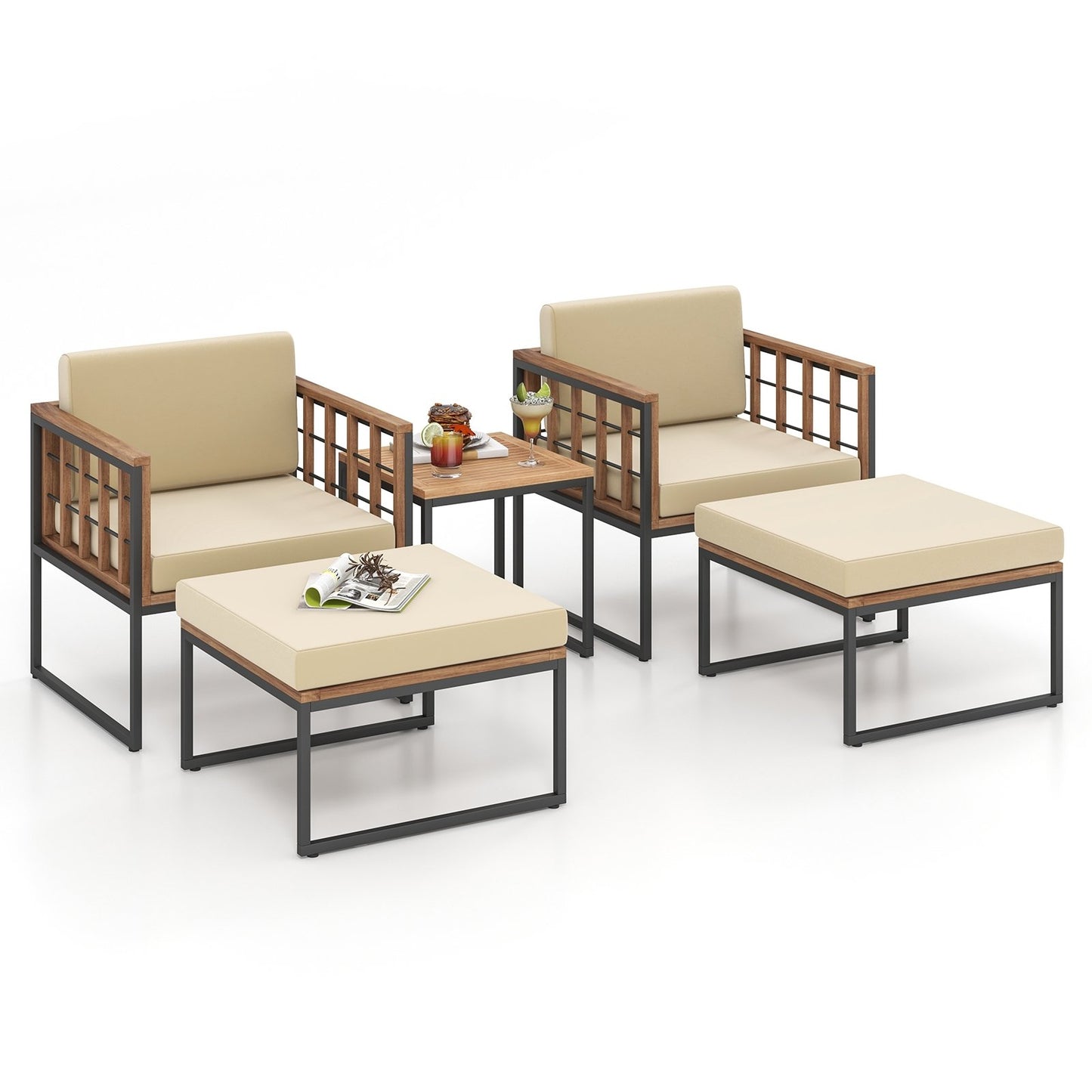 5 Piece Outdoor Furniture Set Acacia Wood Chair Set with Ottomans and Coffee Table, Beige Patio Conversation Sets   at Gallery Canada