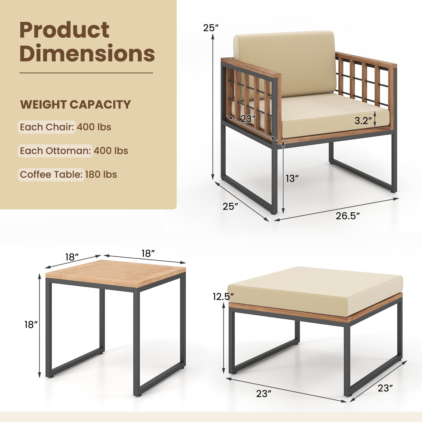 5 Piece Outdoor Furniture Set Acacia Wood Chair Set with Ottomans and Coffee Table, Beige Patio Conversation Sets   at Gallery Canada