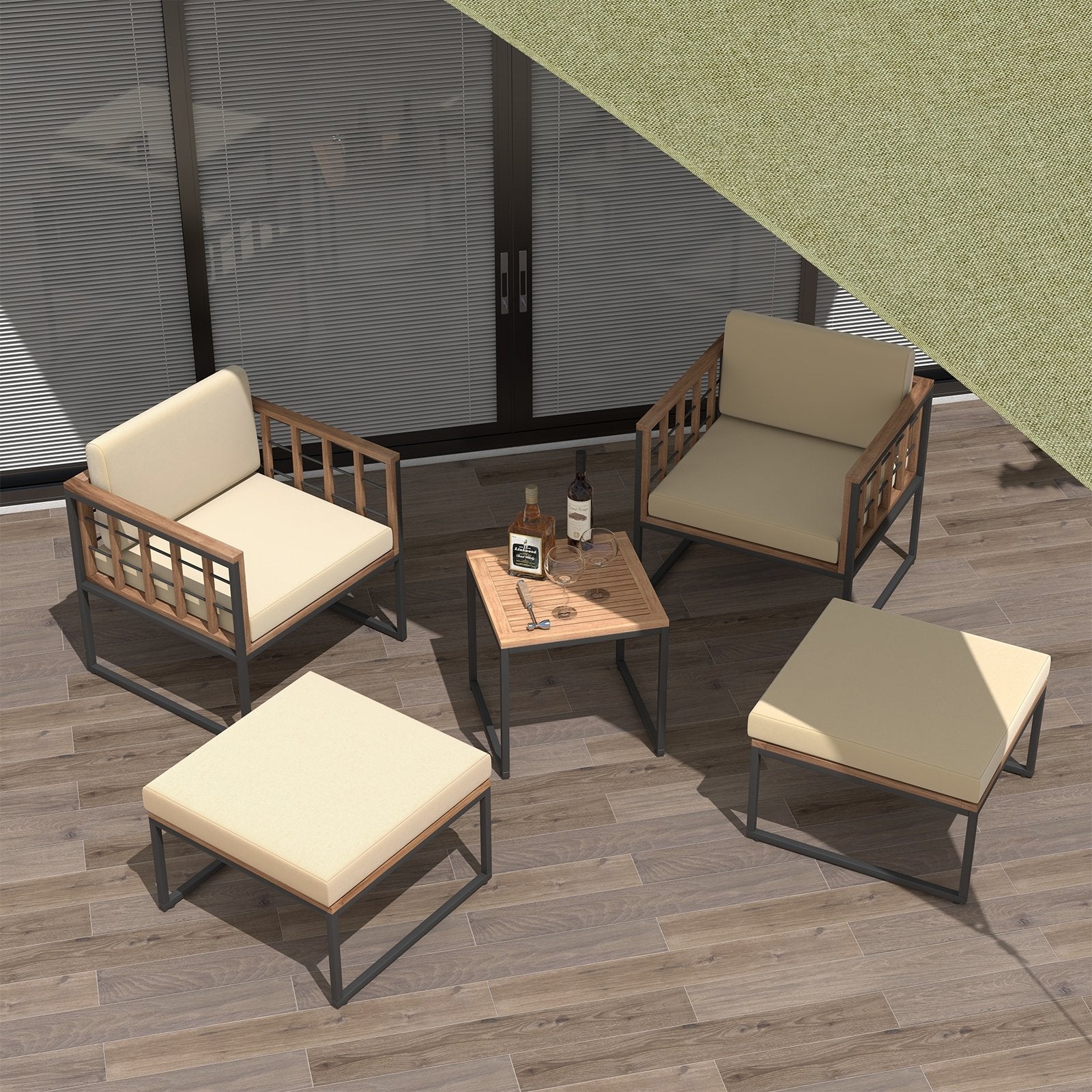 5 Piece Outdoor Furniture Set Acacia Wood Chair Set with Ottomans and Coffee Table, Beige Patio Conversation Sets   at Gallery Canada