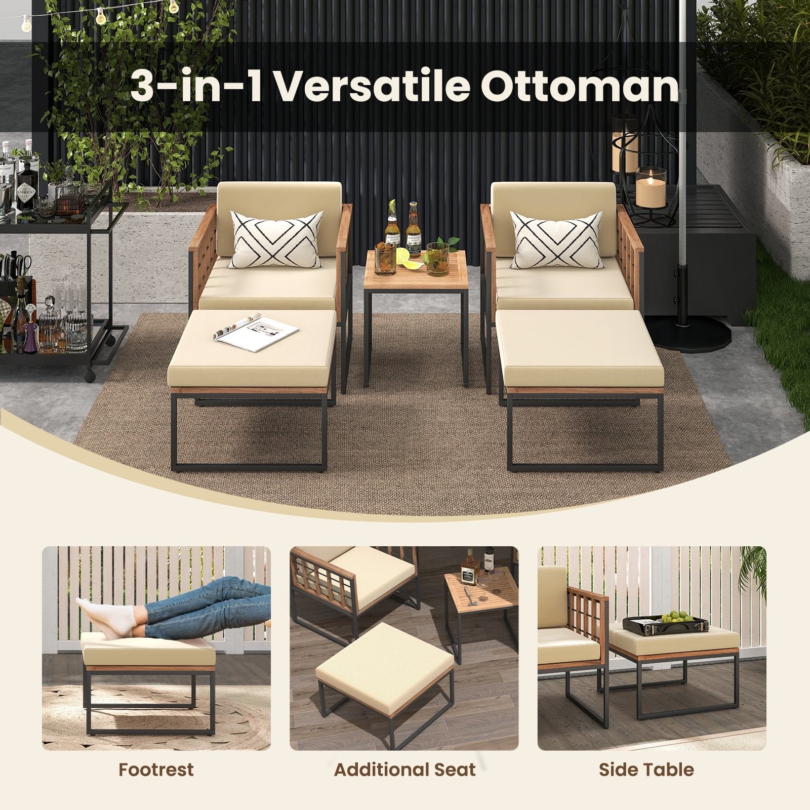 5 Piece Outdoor Furniture Set Acacia Wood Chair Set with Ottomans and Coffee Table, Beige Patio Conversation Sets   at Gallery Canada