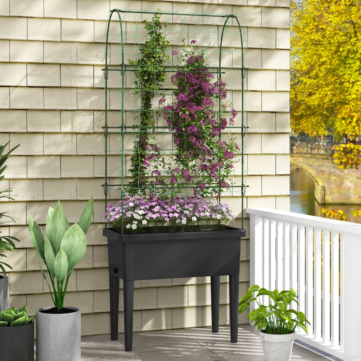 Self-watering Raised Garden Bed Elevated Planter with Climbing Trellis, Black Raised Garden Beds   at Gallery Canada