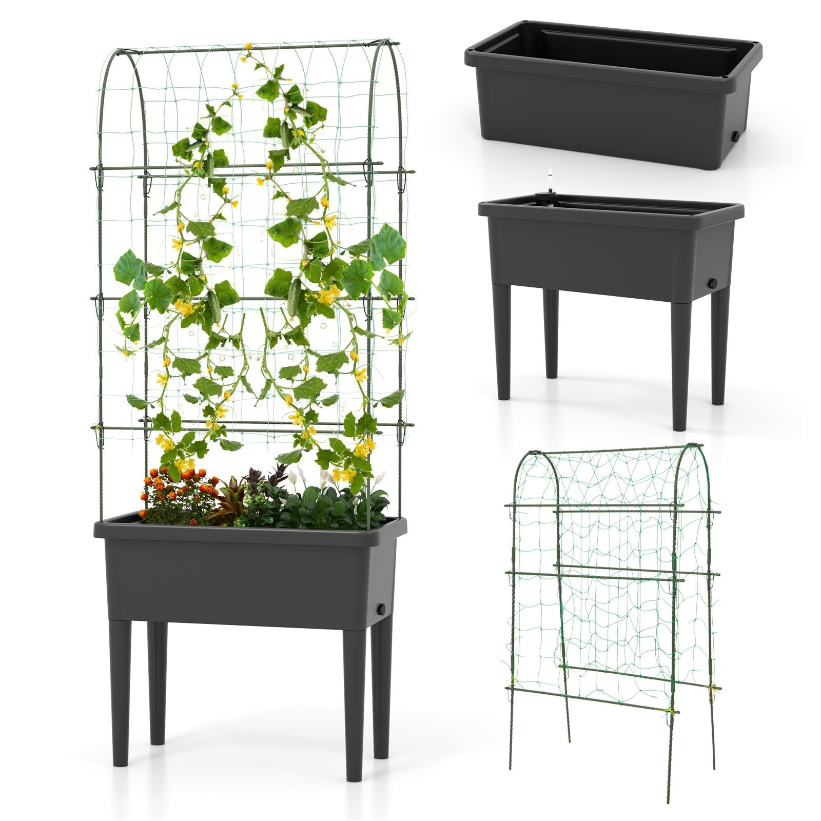 Self-watering Raised Garden Bed Elevated Planter with Climbing Trellis, Black Raised Garden Beds   at Gallery Canada