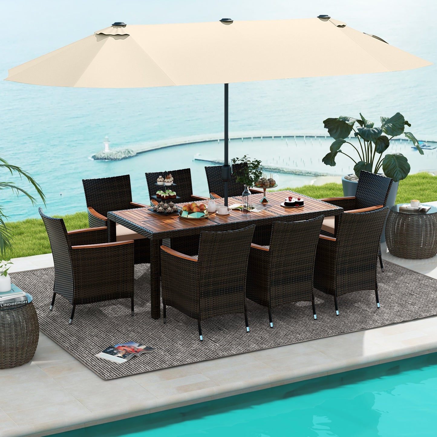 9 Piece Outdoor Dining Set with 15 Feet Double-Sided Twin Patio Umbrella, Beige Patio Conversation Sets   at Gallery Canada