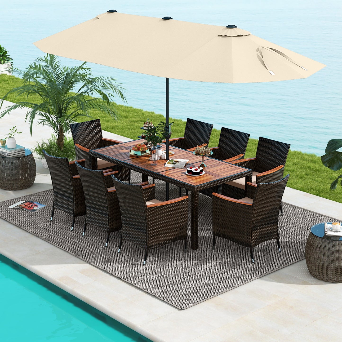 9 Piece Outdoor Dining Set with 15 Feet Double-Sided Twin Patio Umbrella, Beige Patio Conversation Sets   at Gallery Canada