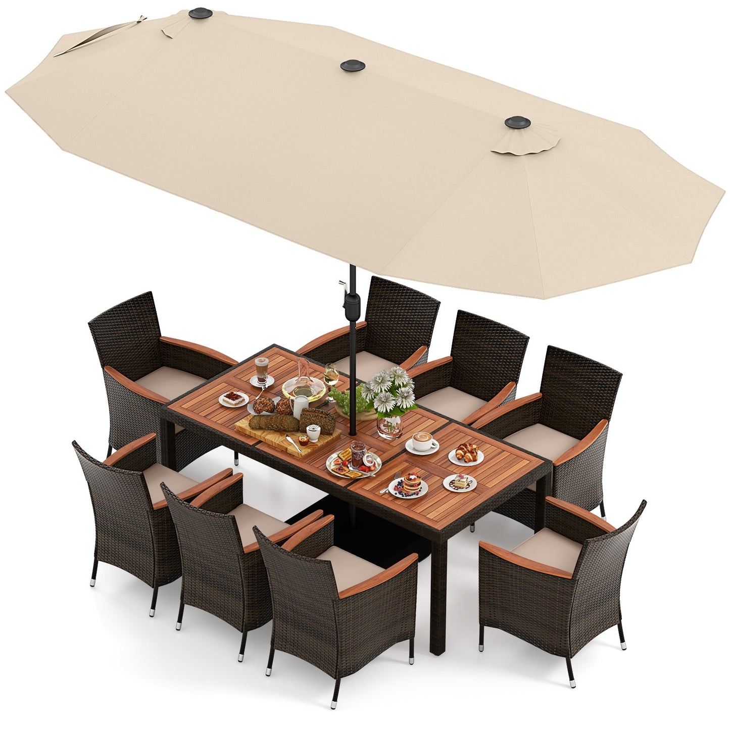 9 Piece Outdoor Dining Set with 15 Feet Double-Sided Twin Patio Umbrella, Beige Patio Conversation Sets Beige  at Gallery Canada