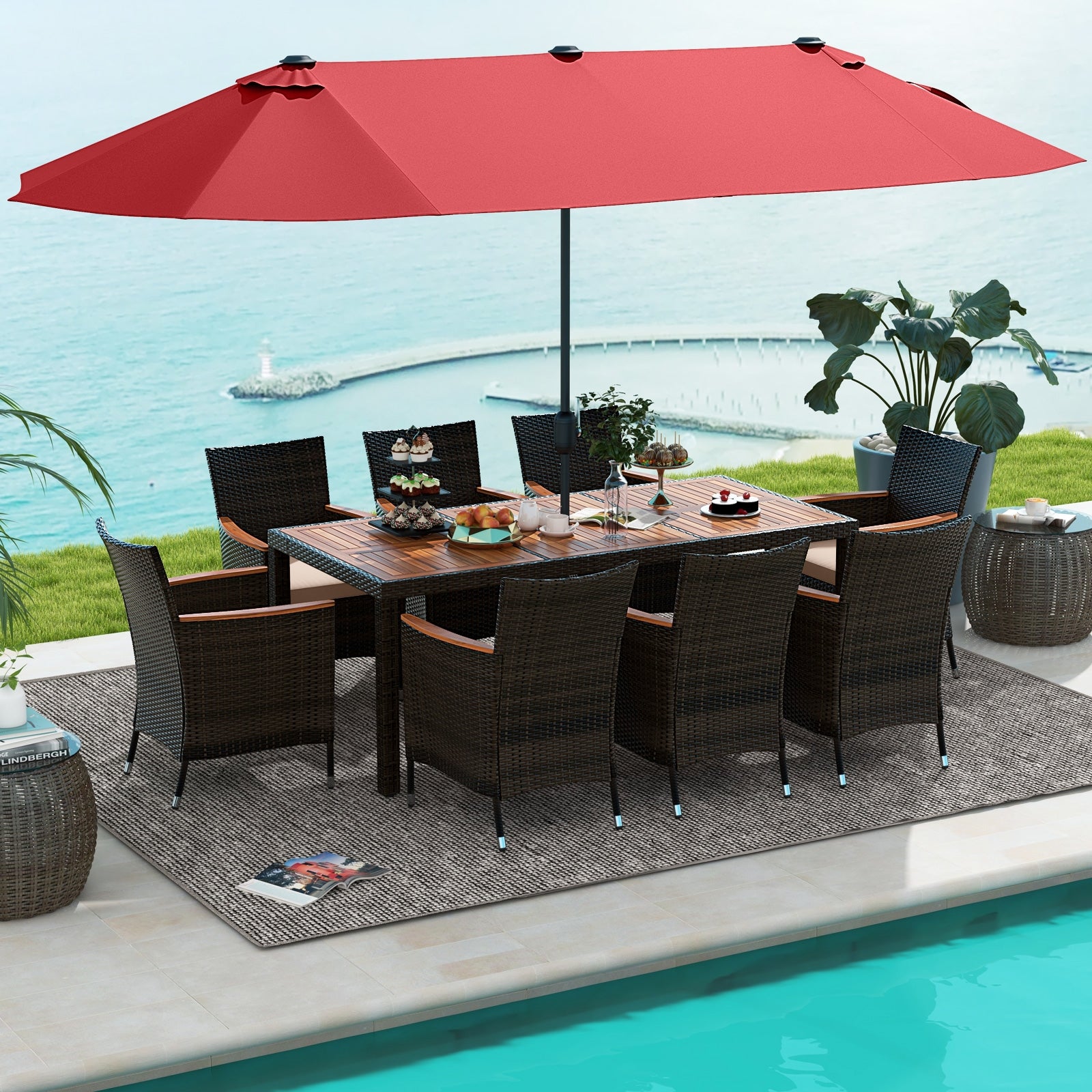 9 Piece Outdoor Dining Set with 15 Feet Double-Sided Twin Patio Umbrella, Red Patio Conversation Sets   at Gallery Canada