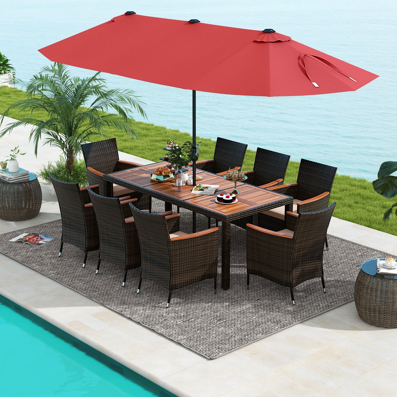 9 Piece Outdoor Dining Set with 15 Feet Double-Sided Twin Patio Umbrella, Red Patio Conversation Sets   at Gallery Canada