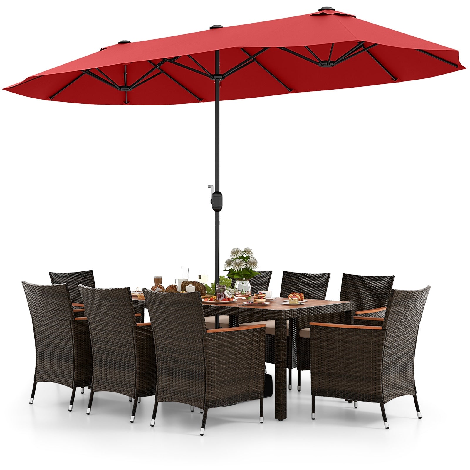 9 Piece Outdoor Dining Set with 15 Feet Double-Sided Twin Patio Umbrella, Red Patio Conversation Sets   at Gallery Canada