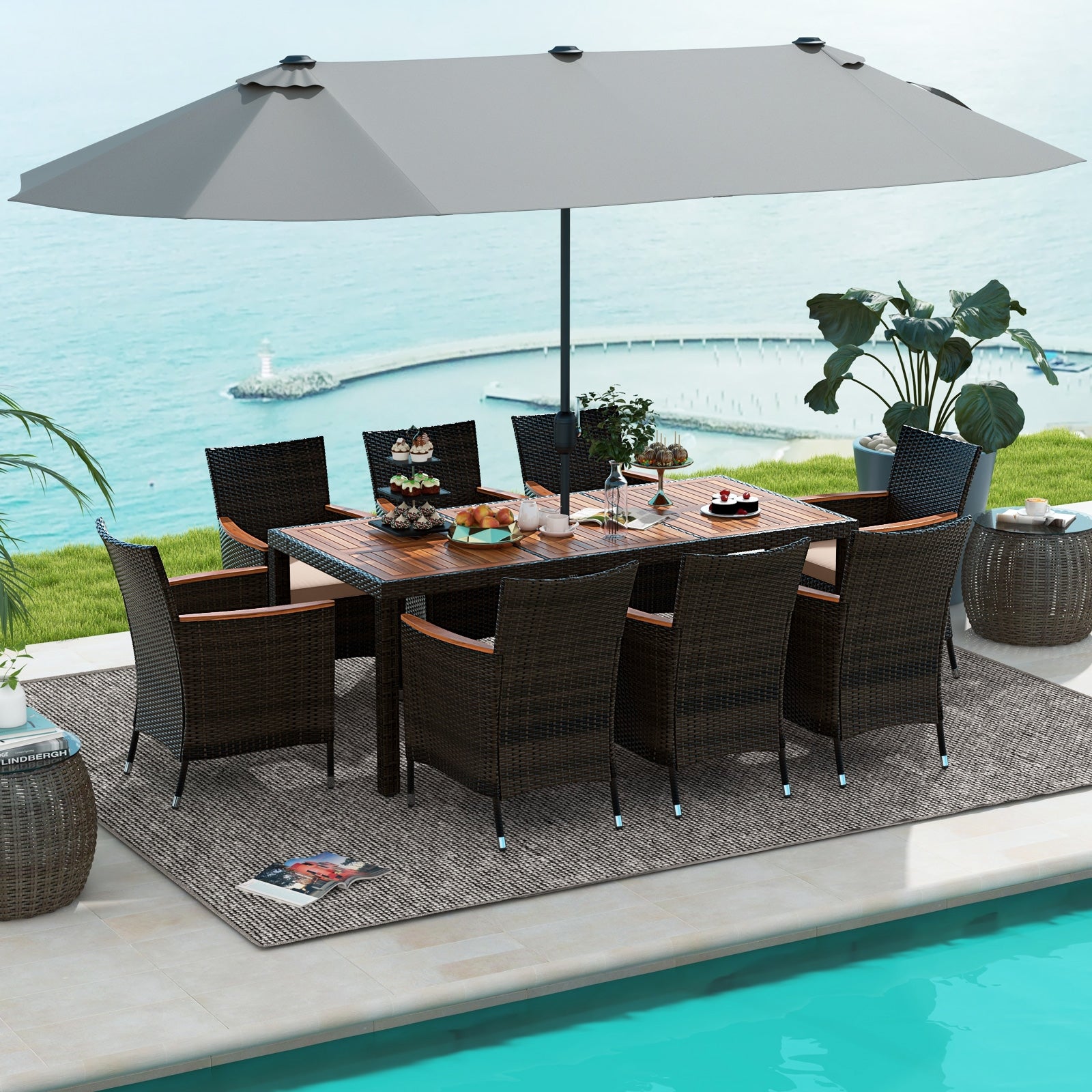 9 Piece Outdoor Dining Set with 15 Feet Double-Sided Twin Patio Umbrella, Gray Patio Conversation Sets   at Gallery Canada