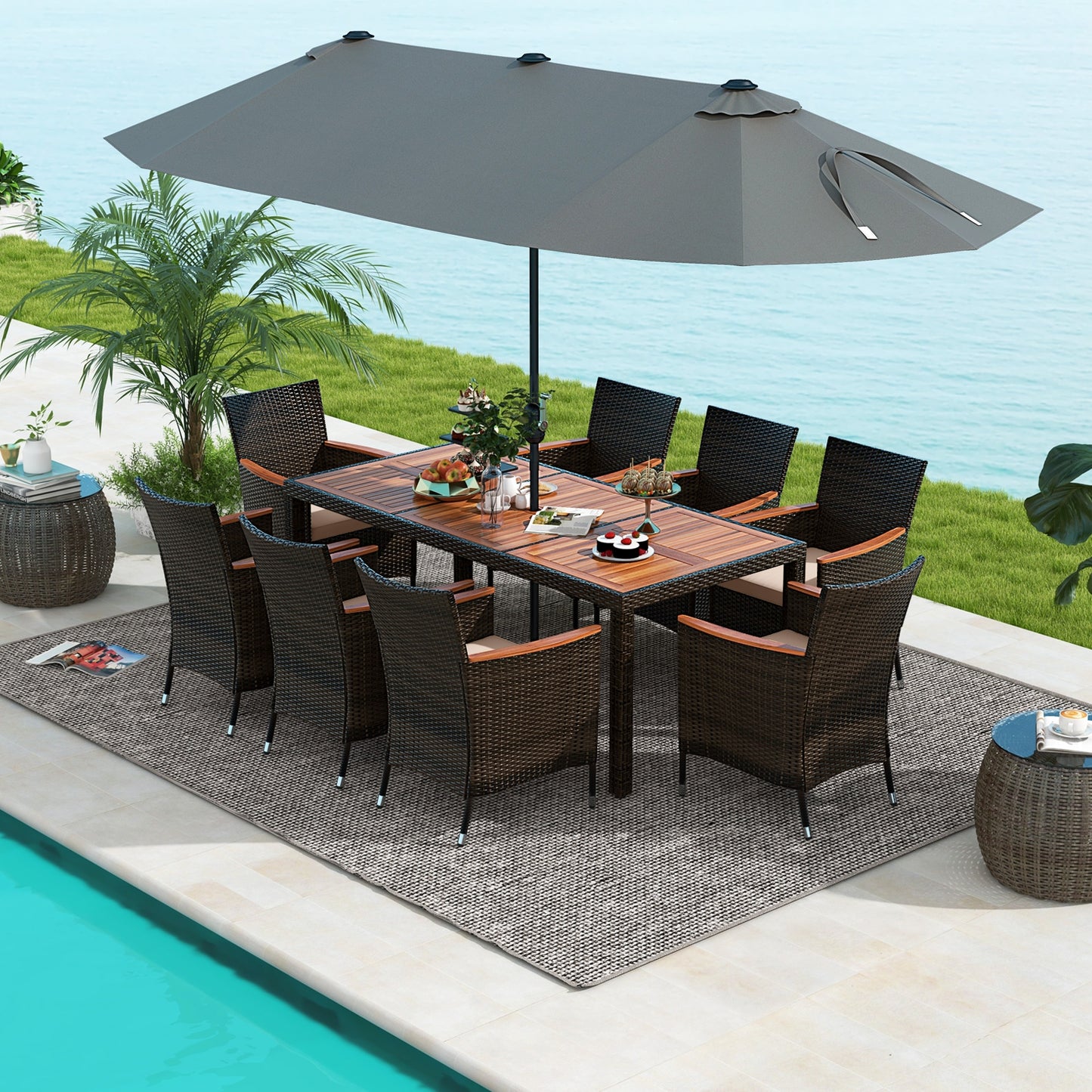 9 Piece Outdoor Dining Set with 15 Feet Double-Sided Twin Patio Umbrella, Gray Patio Conversation Sets   at Gallery Canada