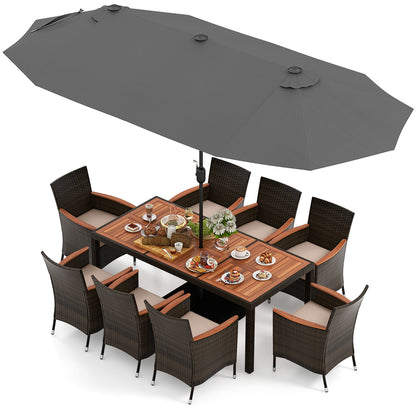 9 Piece Outdoor Dining Set with 15 Feet Double-Sided Twin Patio Umbrella, Gray Patio Conversation Sets Gray  at Gallery Canada