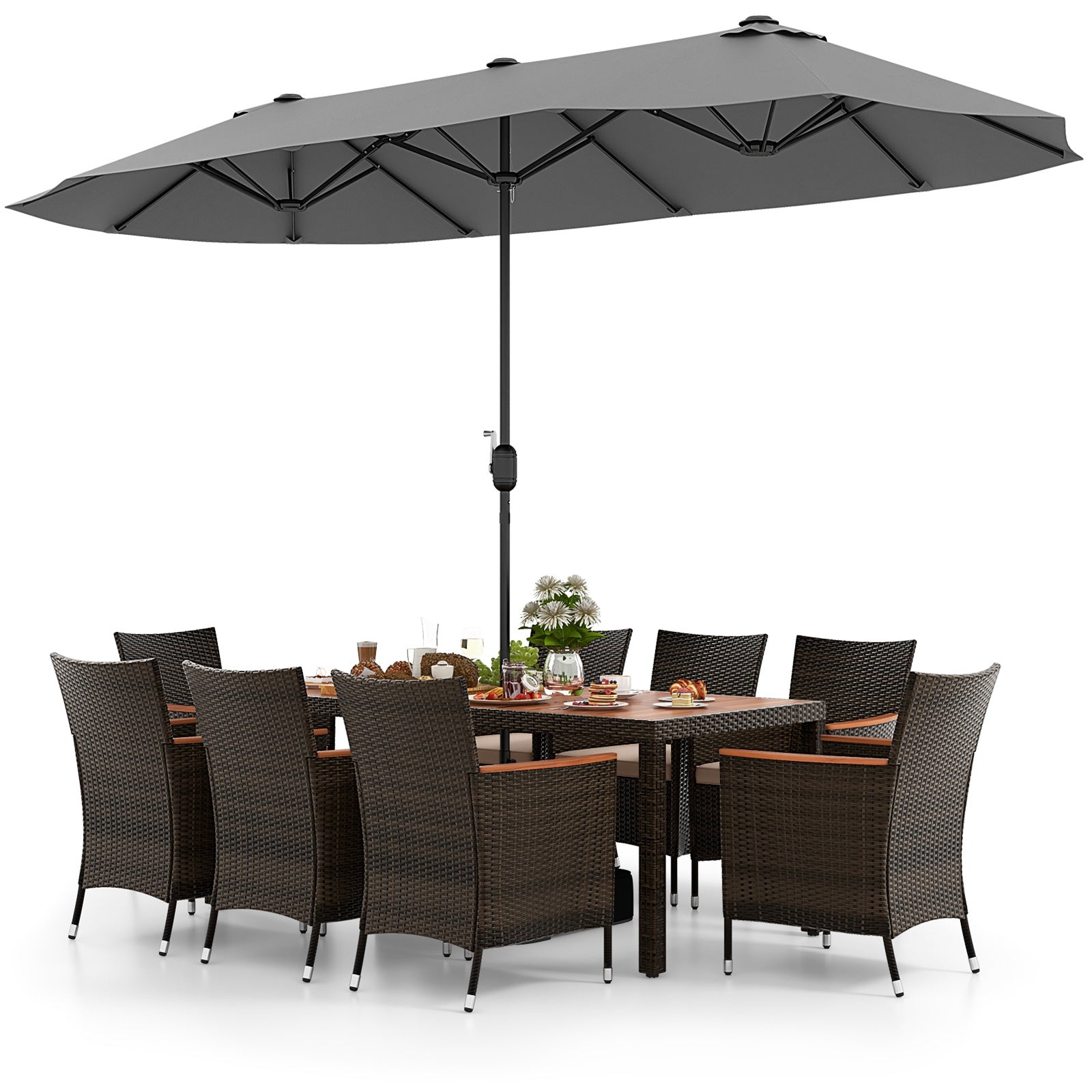 9 Piece Outdoor Dining Set with 15 Feet Double-Sided Twin Patio Umbrella, Gray Patio Conversation Sets   at Gallery Canada