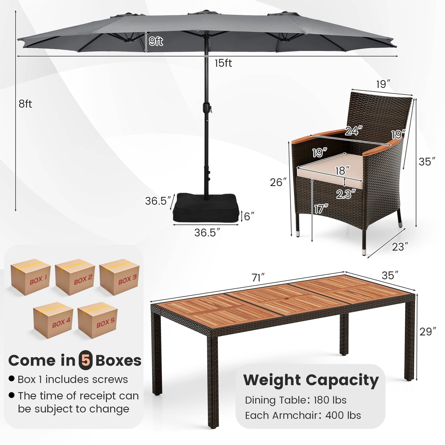 9 Piece Outdoor Dining Set with 15 Feet Double-Sided Twin Patio Umbrella, Gray Patio Conversation Sets   at Gallery Canada