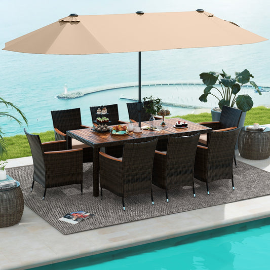 9 Piece Outdoor Dining Set with 15 Feet Double-Sided Twin Patio Umbrella, Brown Patio Conversation Sets Brown  at Gallery Canada