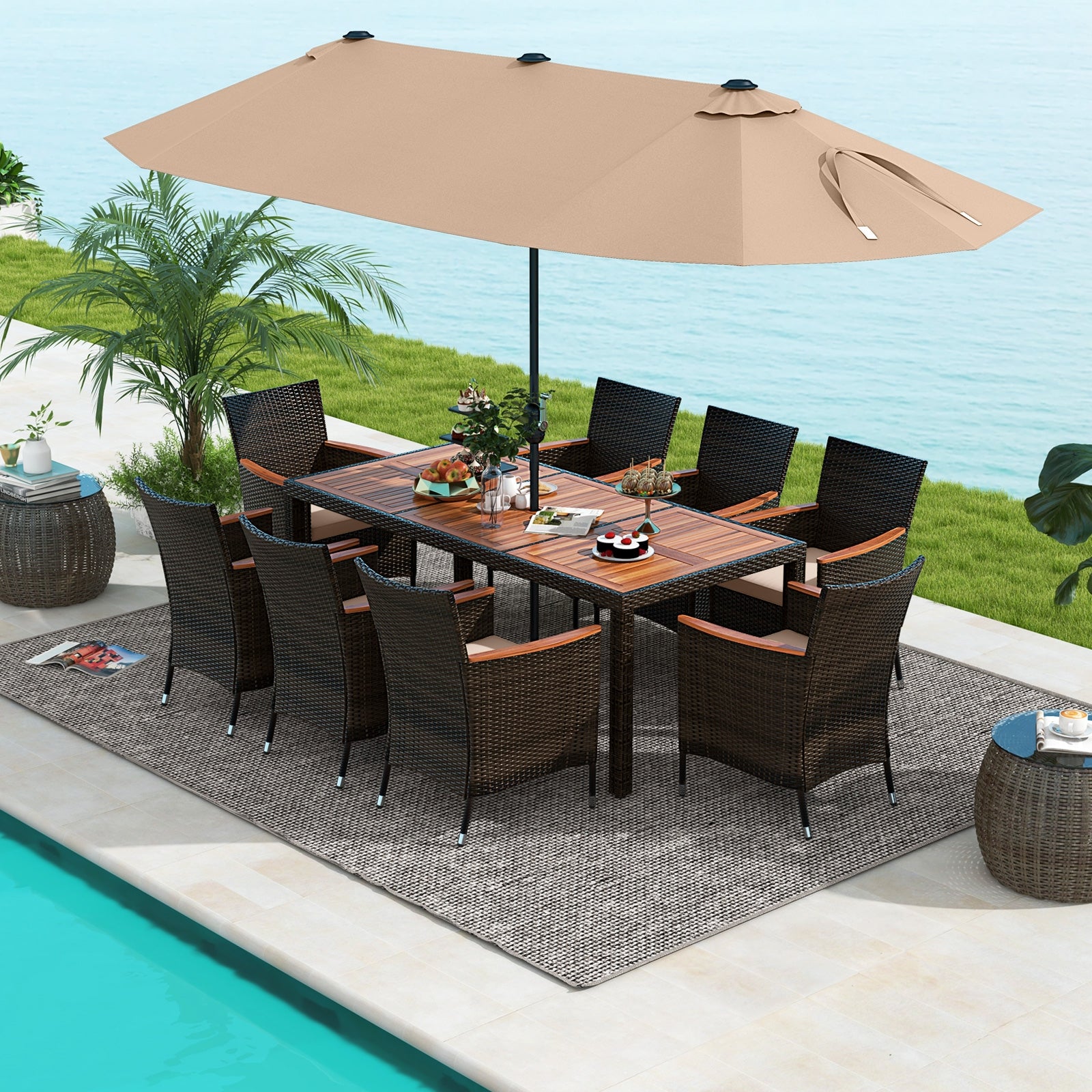 9 Piece Outdoor Dining Set with 15 Feet Double-Sided Twin Patio Umbrella, Brown Patio Conversation Sets   at Gallery Canada