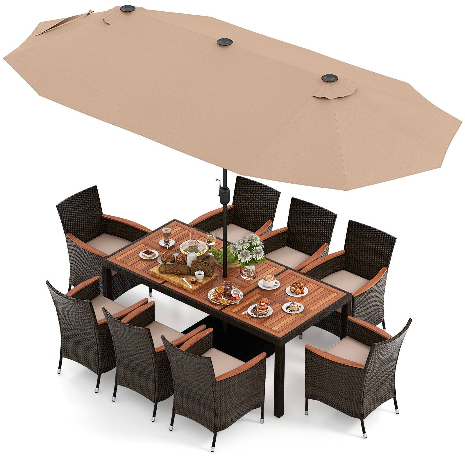 9 Piece Outdoor Dining Set with 15 Feet Double-Sided Twin Patio Umbrella, Brown Patio Conversation Sets at Gallery Canada