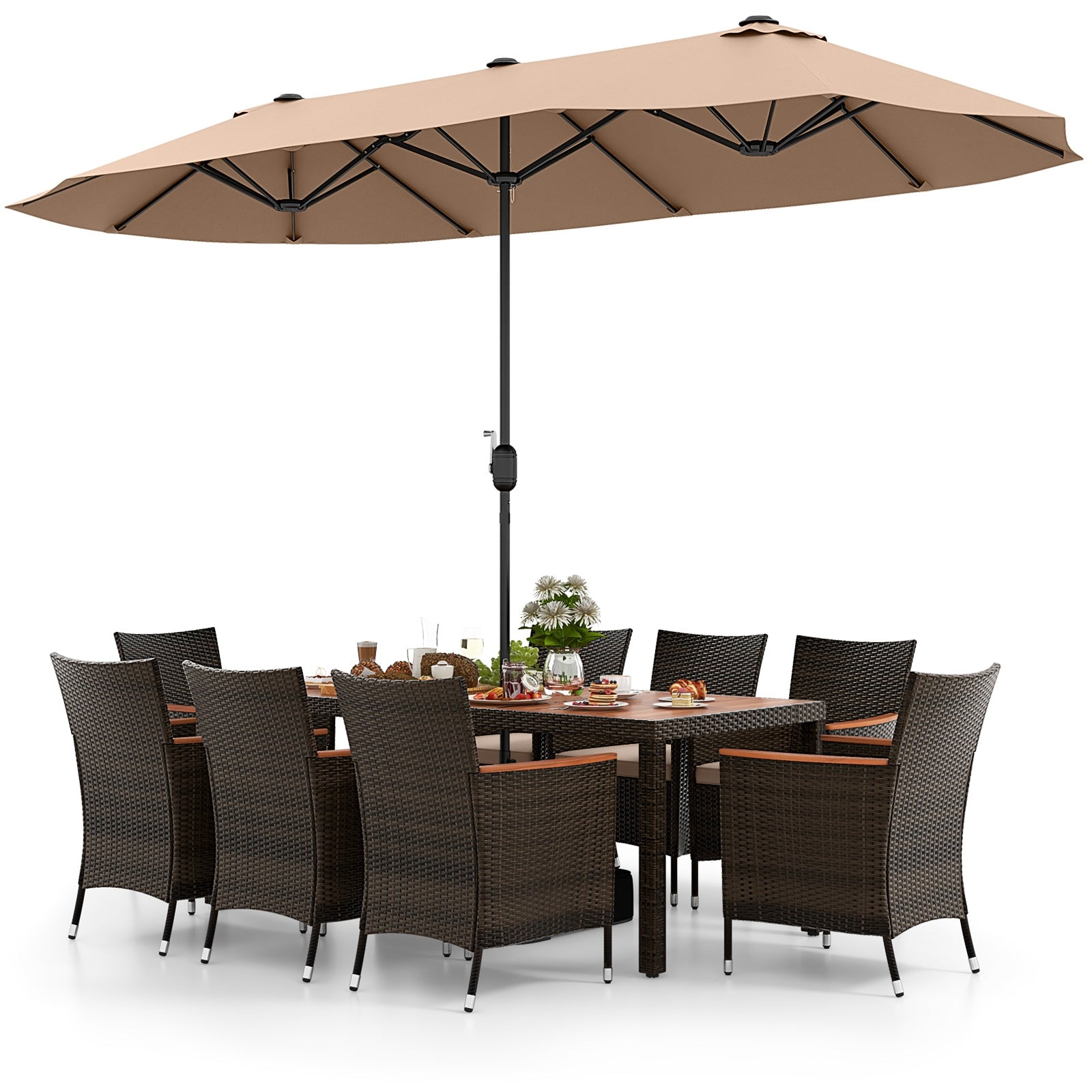 9 Piece Outdoor Dining Set with 15 Feet Double-Sided Twin Patio Umbrella, Brown Patio Conversation Sets   at Gallery Canada