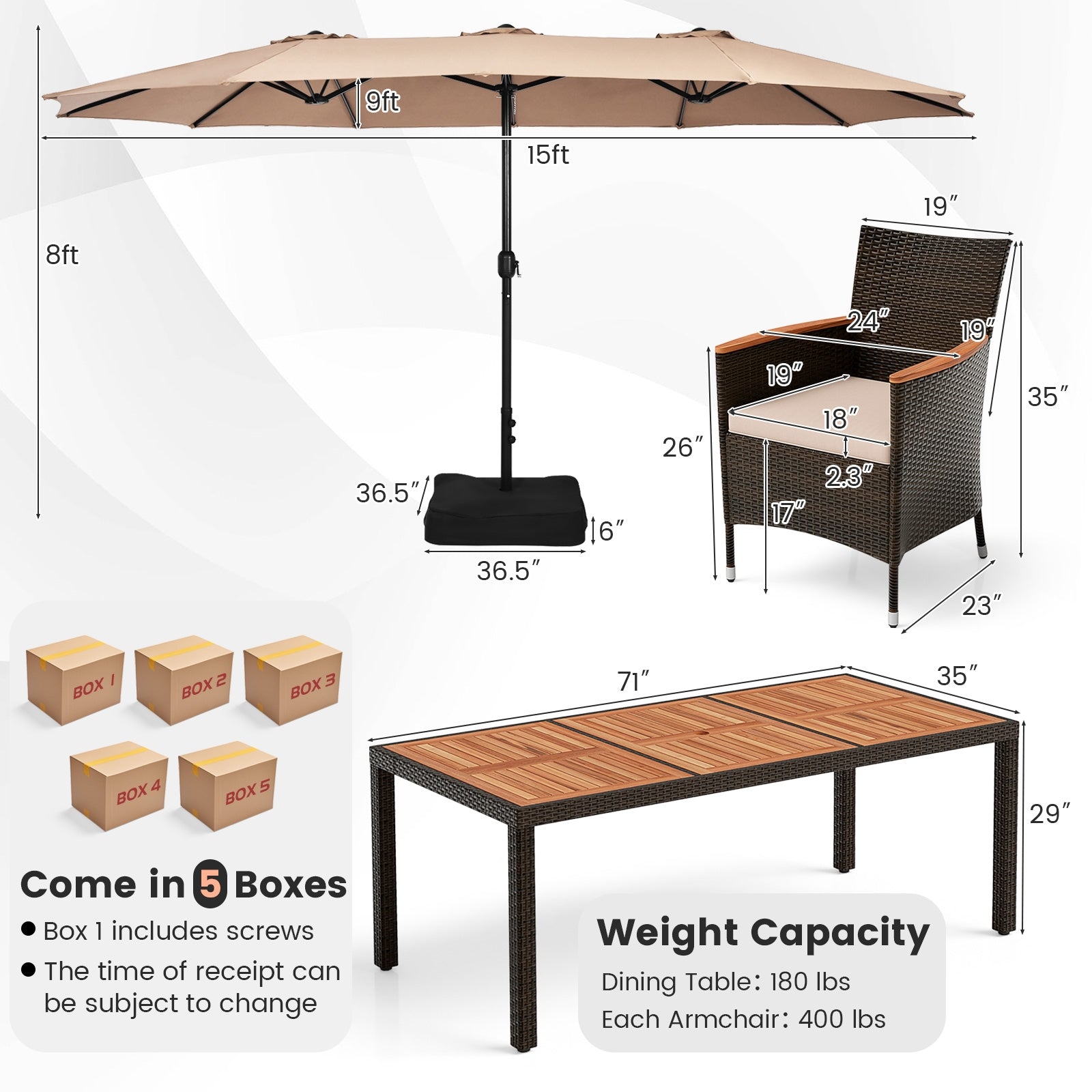 9 Piece Outdoor Dining Set with 15 Feet Double-Sided Twin Patio Umbrella, Brown Patio Conversation Sets   at Gallery Canada