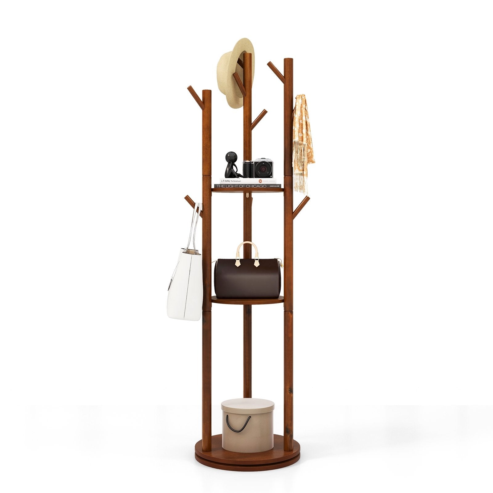 Freestanding Wooden Coat Tree with 3 Display Storage Shelves and 9 Hooks Coat Racks & Hall Trees   at Gallery Canada