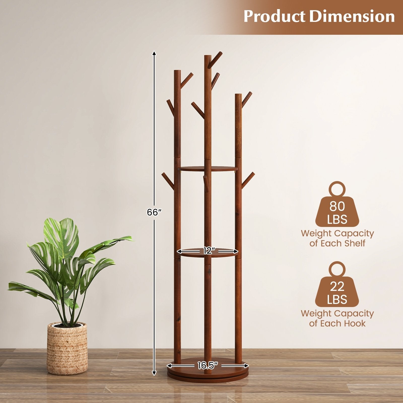 Freestanding Wooden Coat Tree with 3 Display Storage Shelves and 9 Hooks Coat Racks & Hall Trees   at Gallery Canada