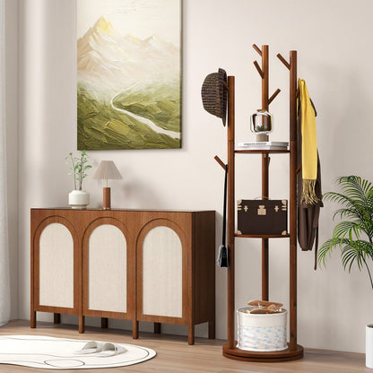 Freestanding Wooden Coat Tree with 3 Display Storage Shelves and 9 Hooks Coat Racks & Hall Trees   at Gallery Canada