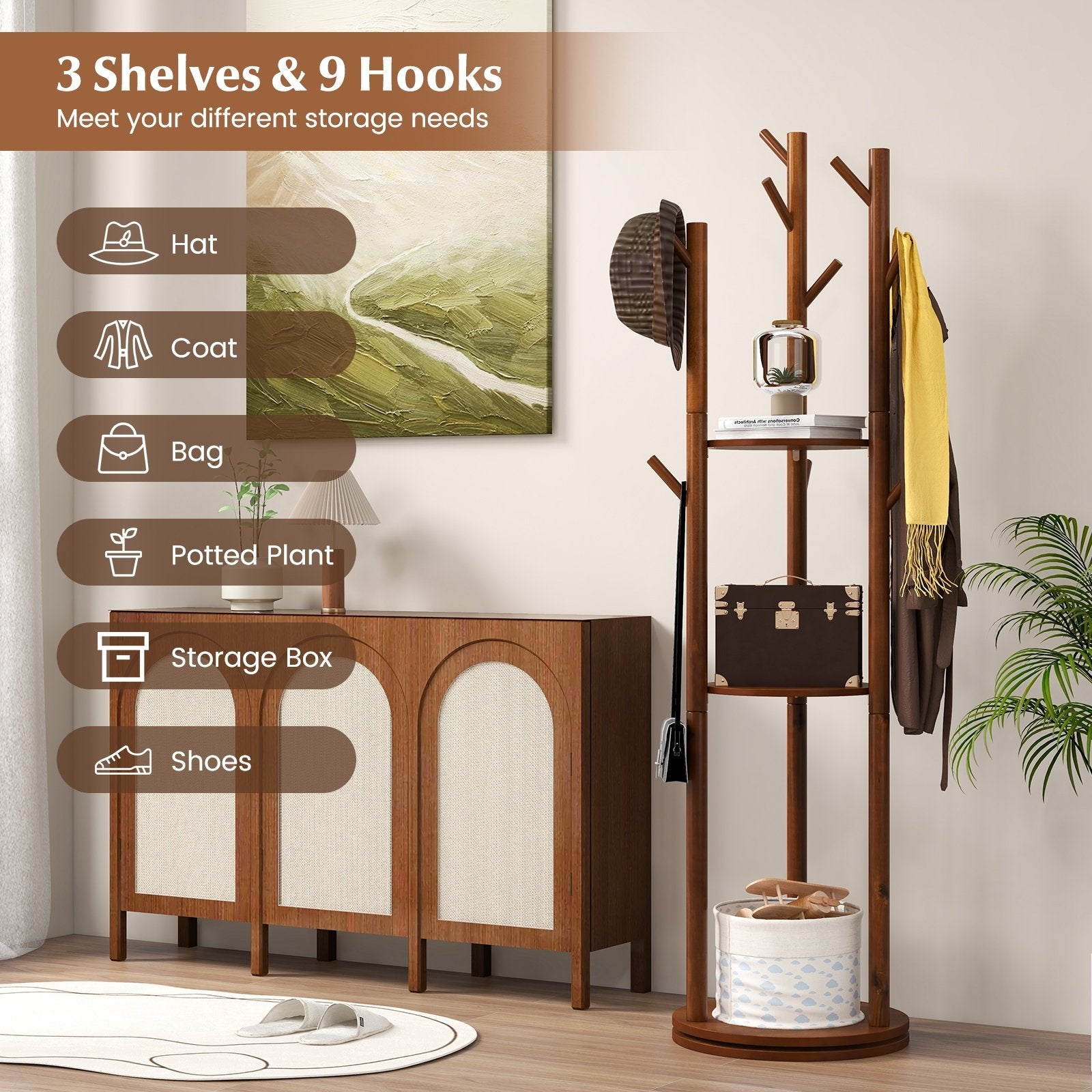 Freestanding Wooden Coat Tree with 3 Display Storage Shelves and 9 Hooks Coat Racks & Hall Trees   at Gallery Canada