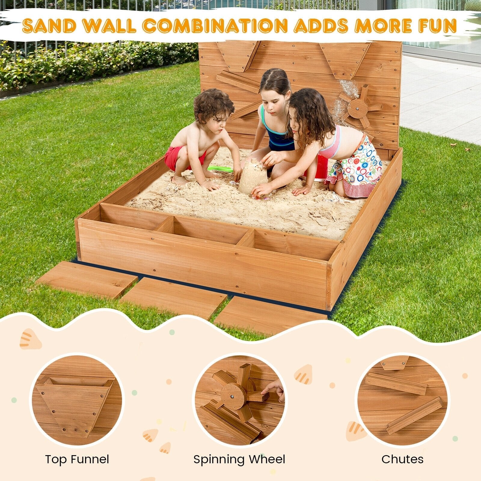 Kids Wooden Square Sandbox with Cover, Brown Sandboxes   at Gallery Canada